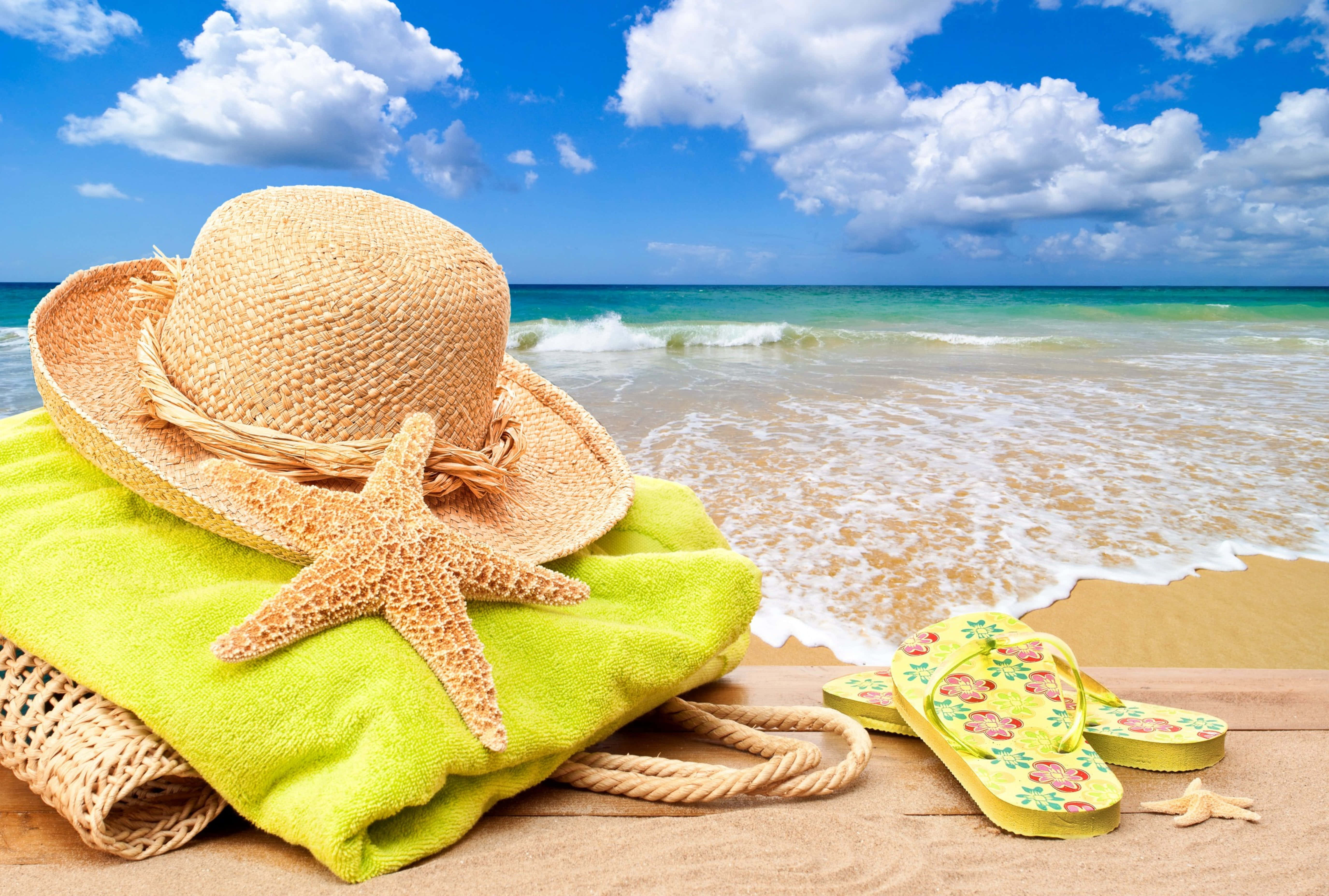 straw hat, starfish, floral flip flops, 5K Desktop Wallpaper