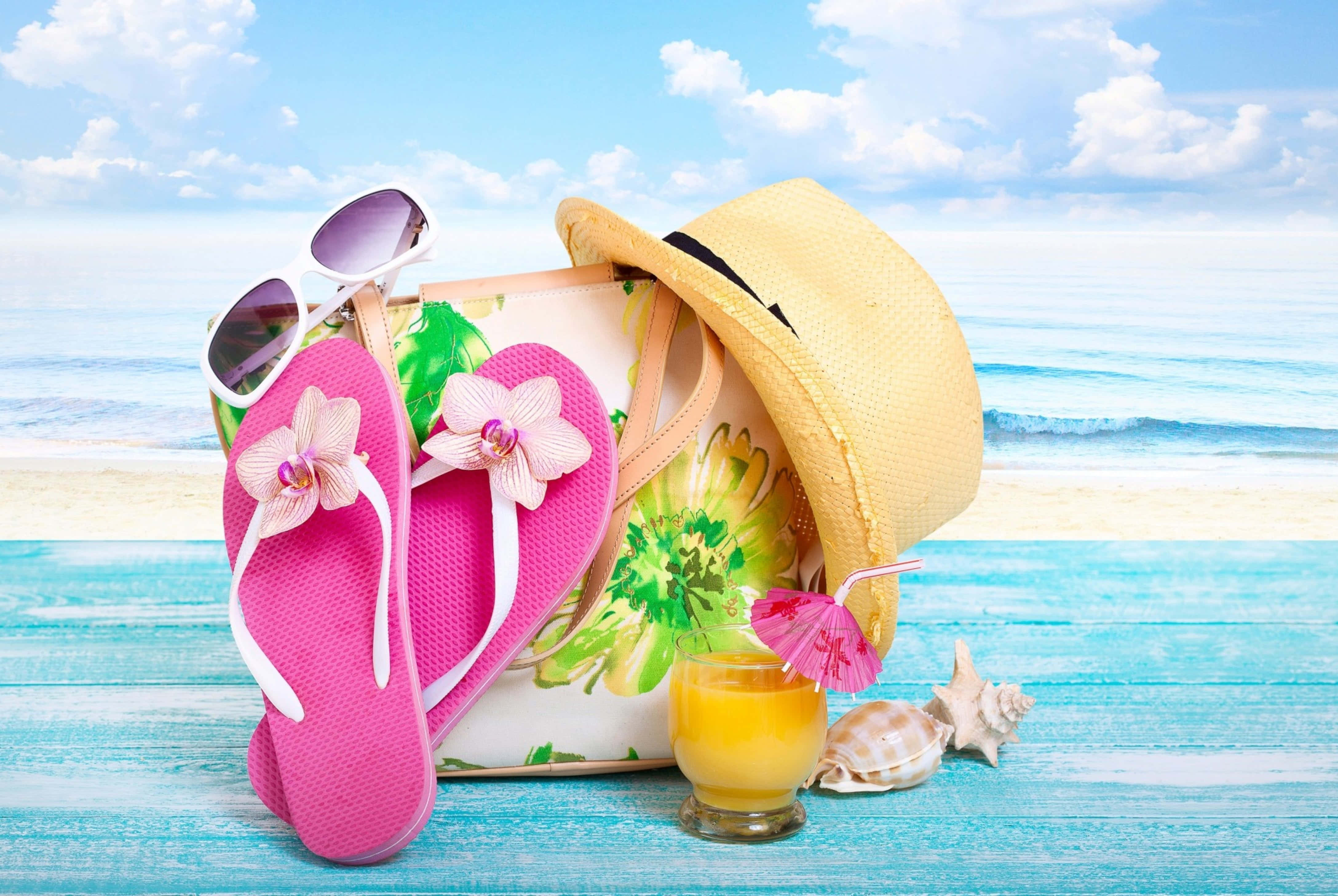 pink flip flops, sunglasses, straw hat, 4K Desktop Wallpaper