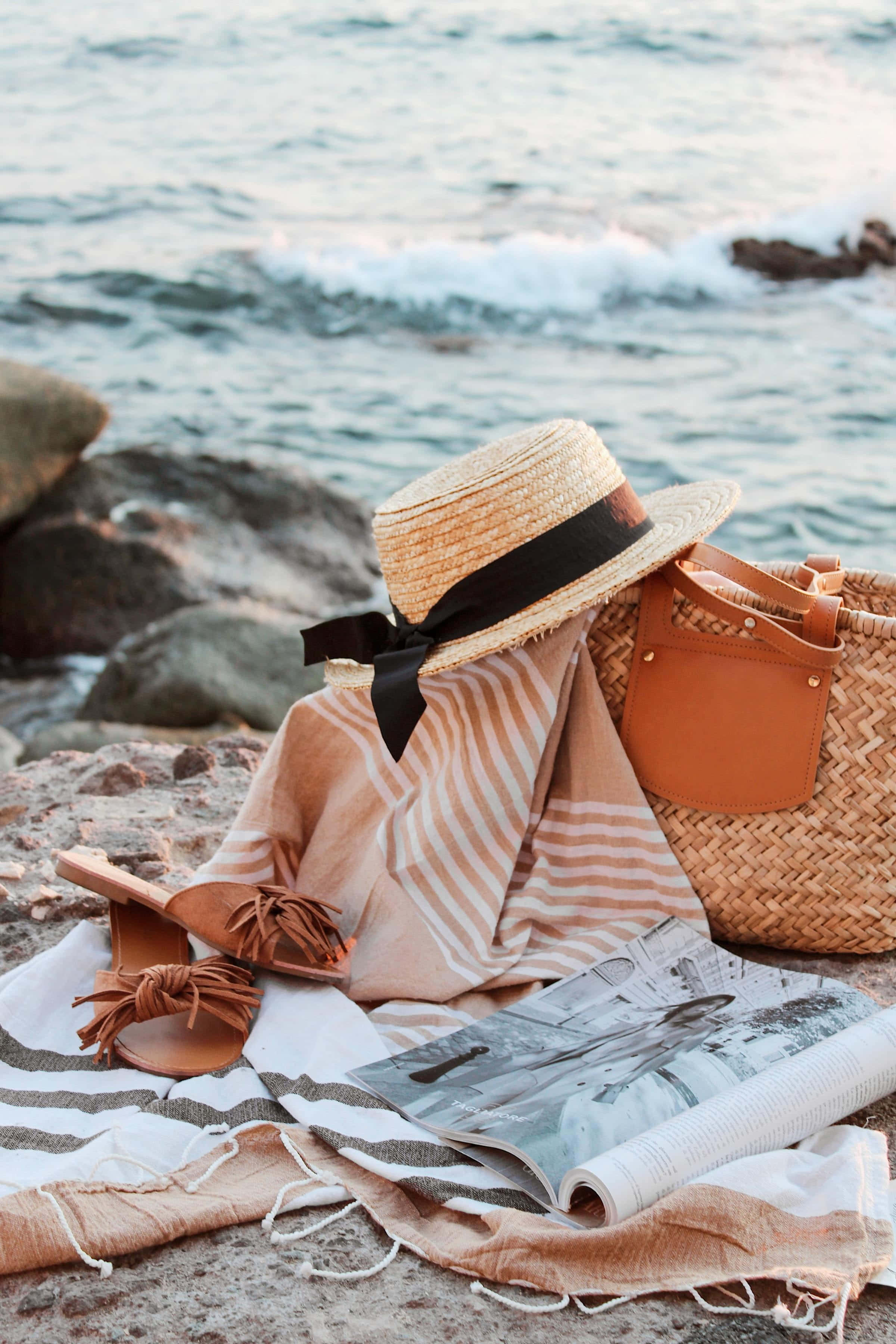 straw hat, sandals, woven bag, 2K Phone Wallpaper