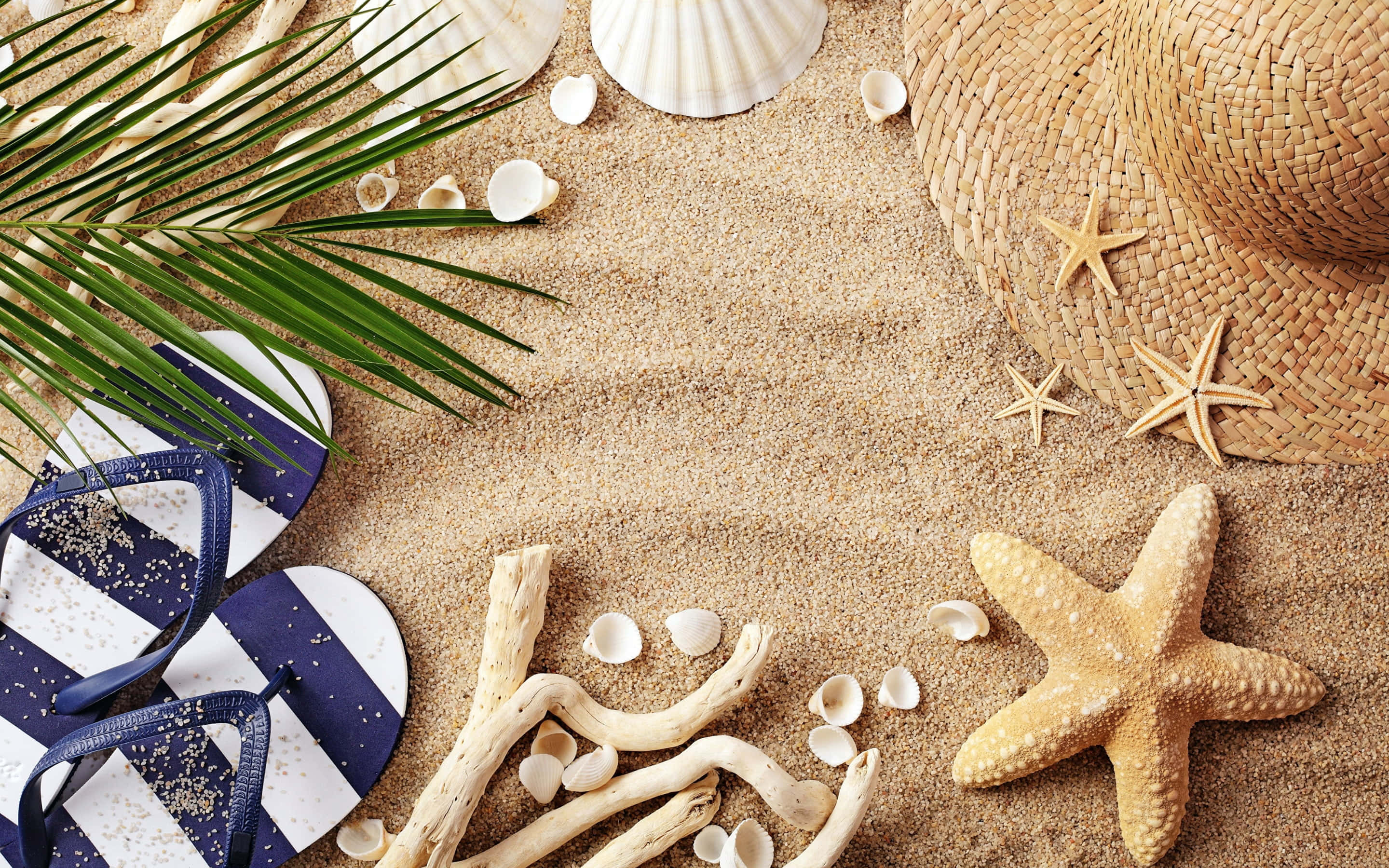 beach accessories, flip flops, starfish, 2K Desktop Wallpaper
