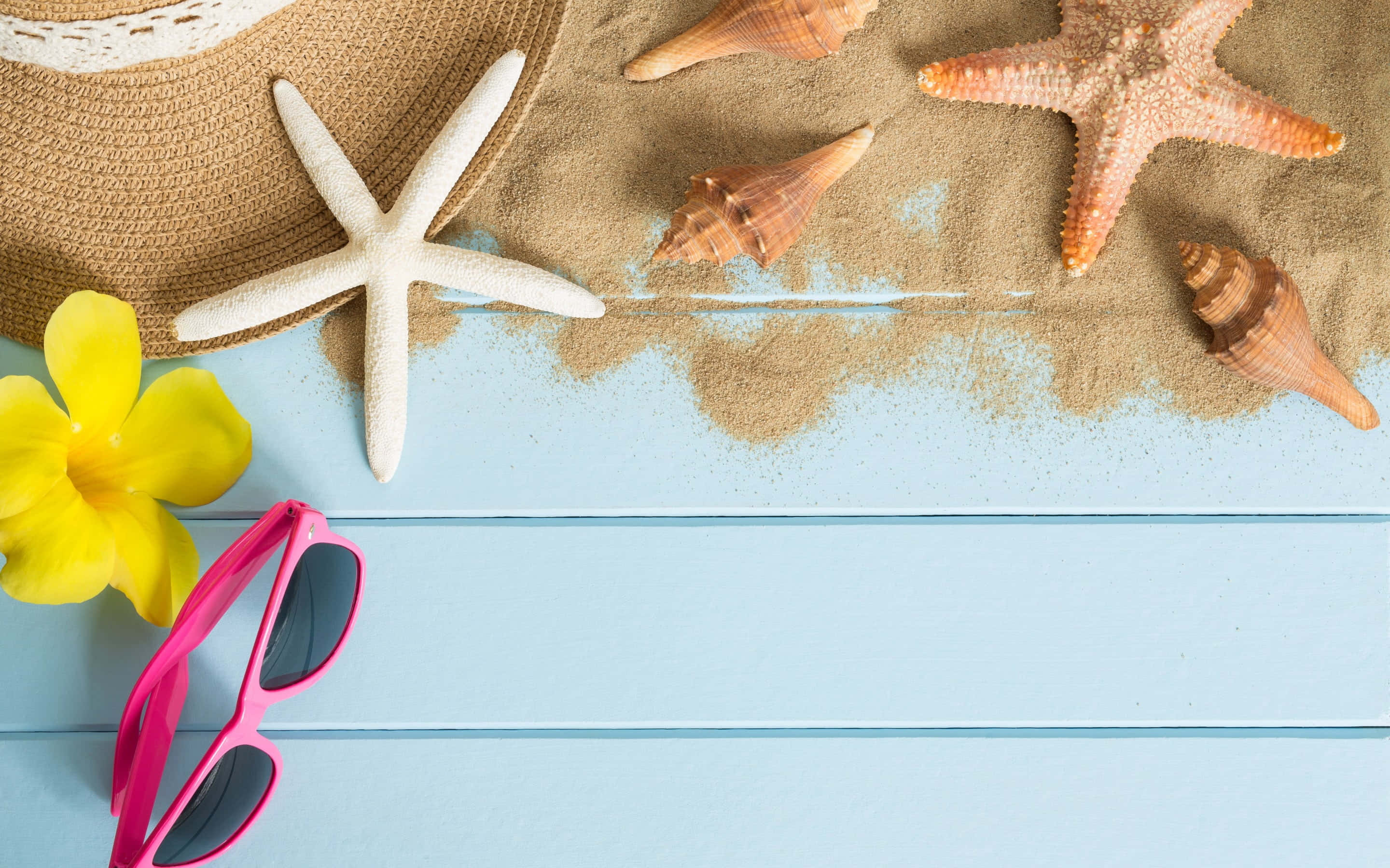 straw hat, starfish, seashells, 2K Desktop Wallpaper