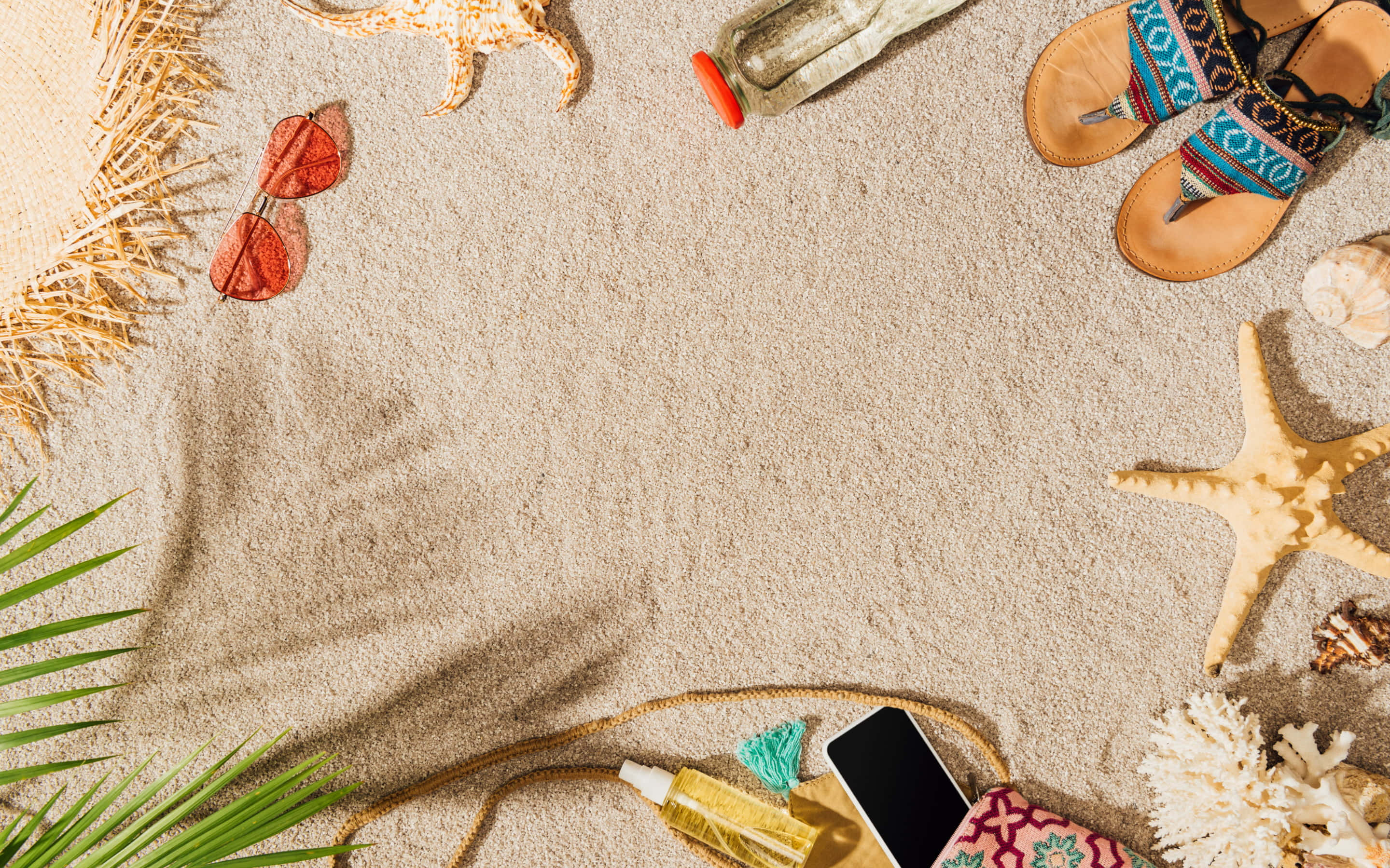 beach accessories, starfish sunglasses, sandals, 2K Desktop Wallpaper