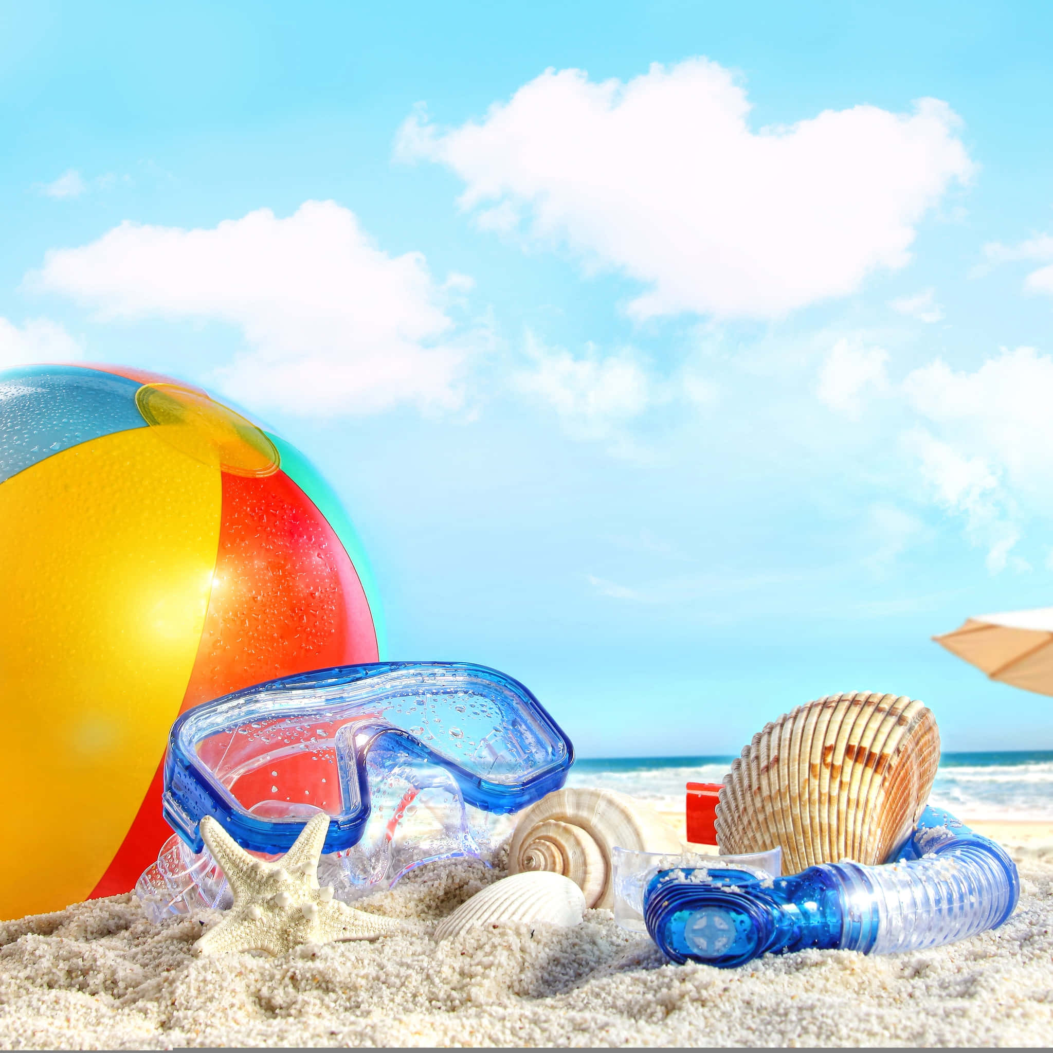 beach accessories, colorful ball, snorkel gear, Full HD Desktop Wallpaper