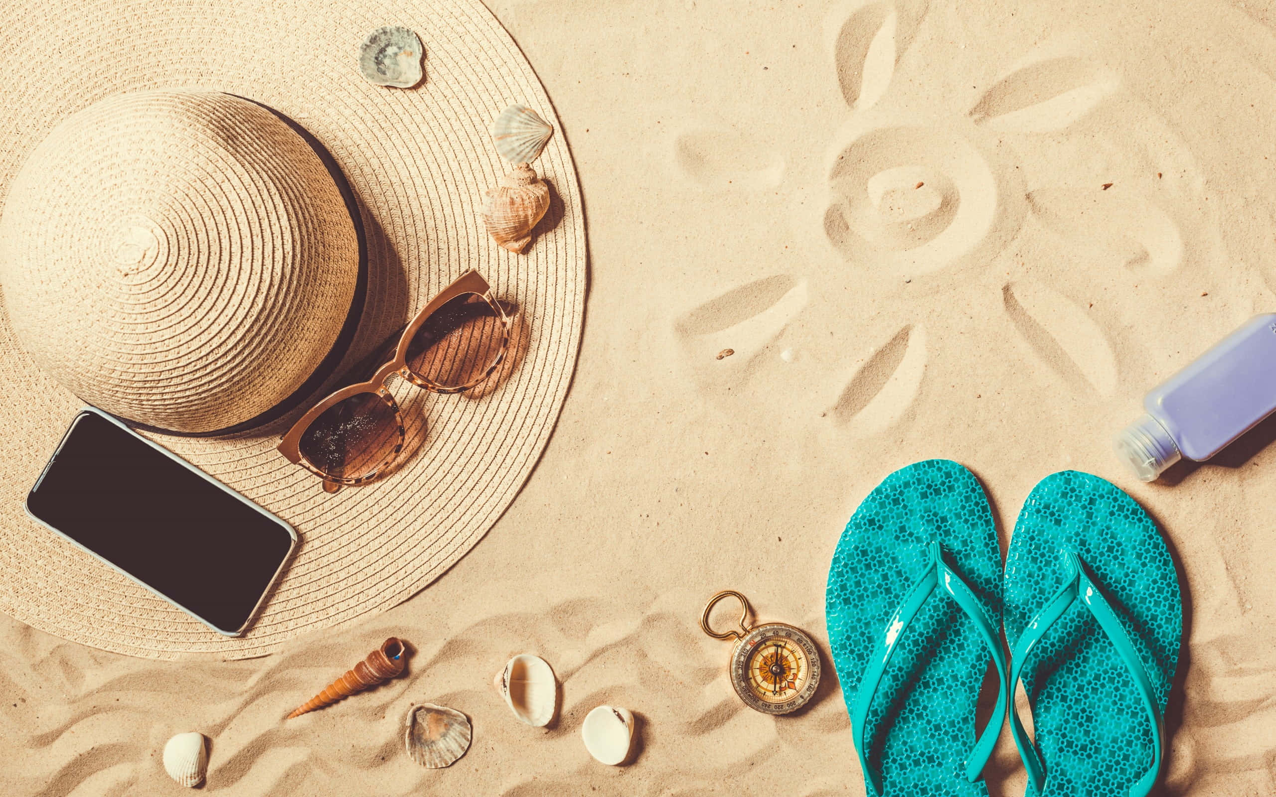 straw hat, sunglasses, flip flops, 2K Desktop Wallpaper