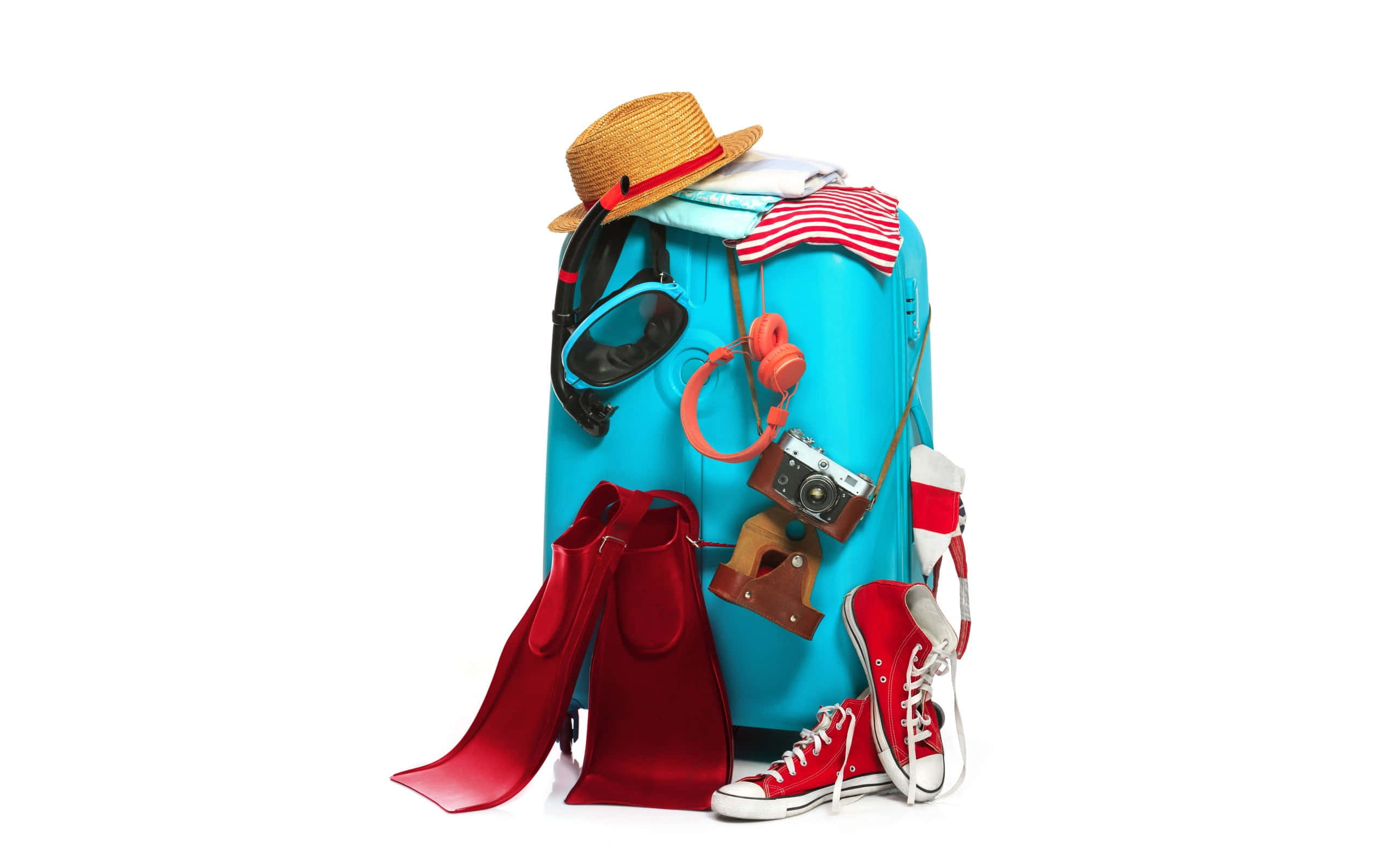 bright blue suitcase, red flippers, sneakers, 2K Desktop Wallpaper