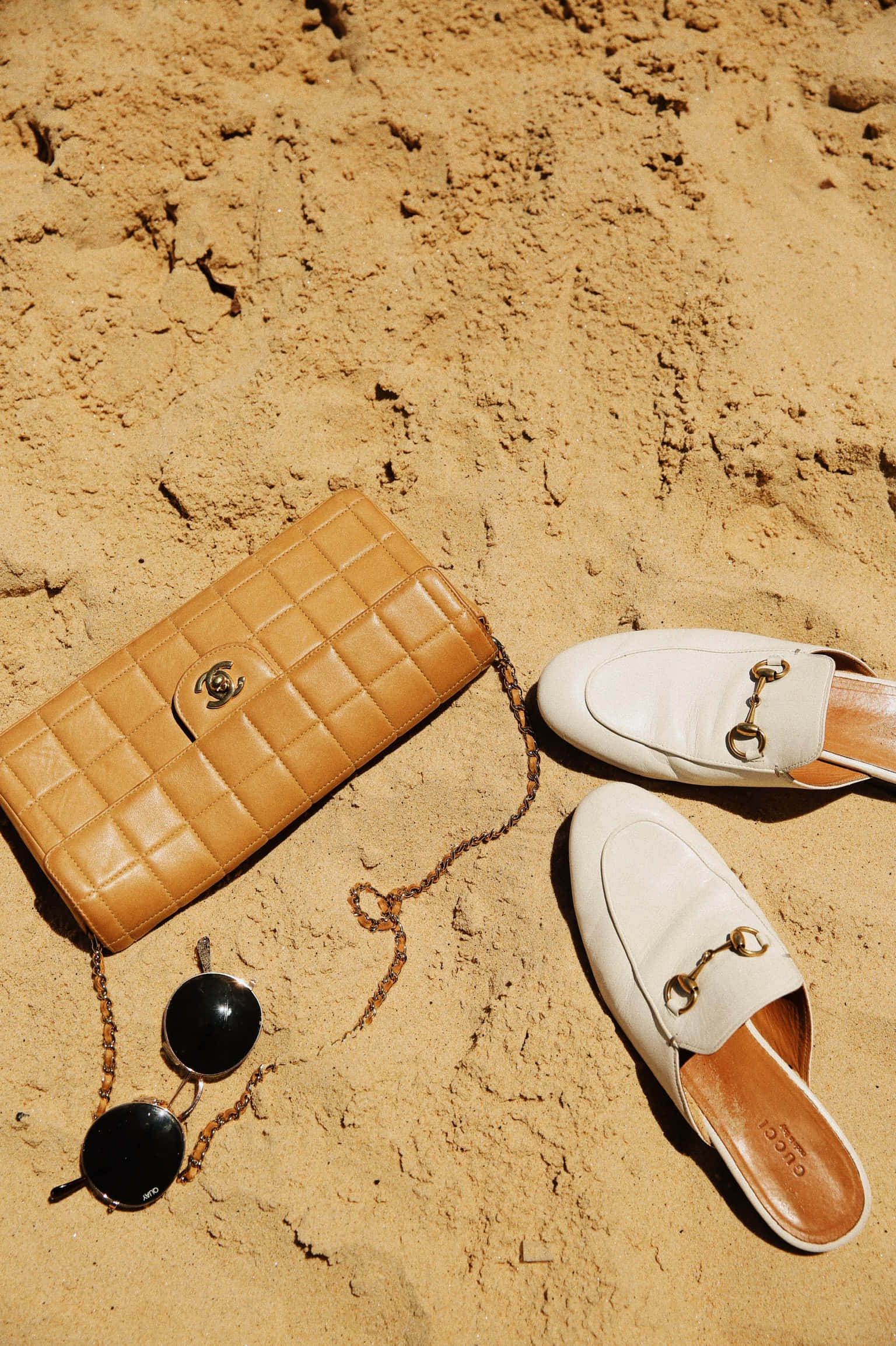beach accessories, tan quilted bag, white mules, Full HD Phone Wallpaper