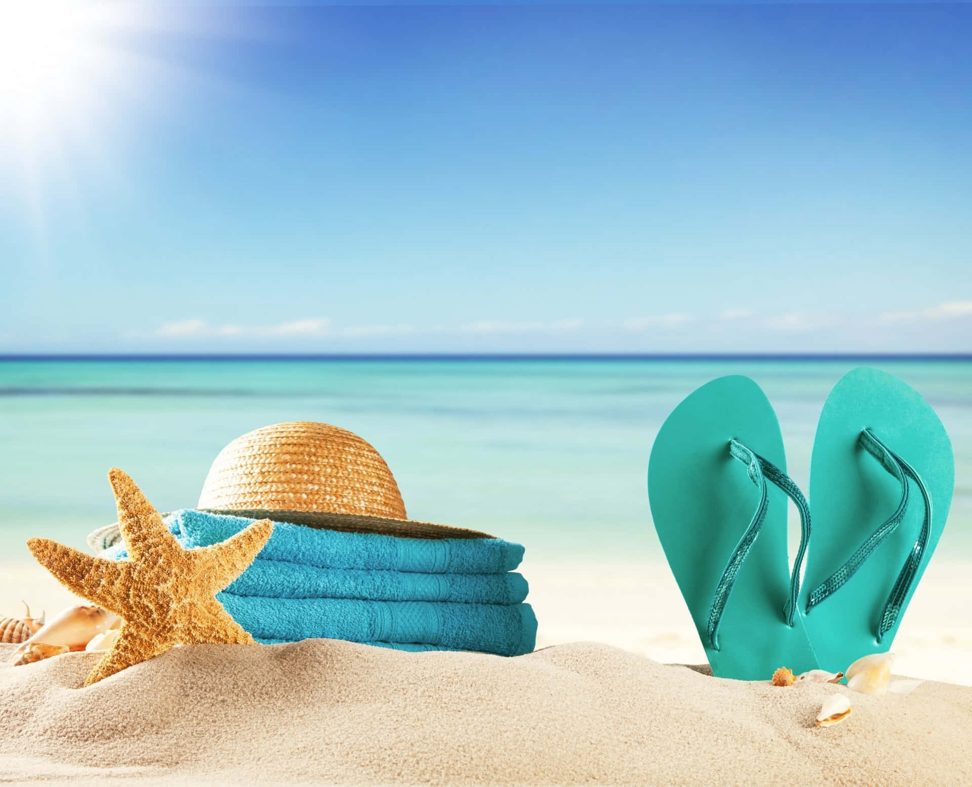 turquoise flip flops, straw hat, starfish, Full HD Desktop Wallpaper