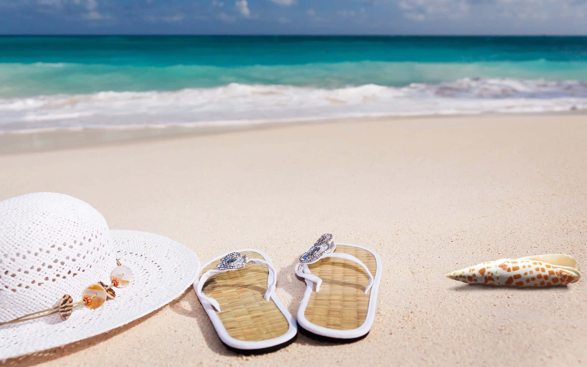 white sunhat, flip flops, seashell, Full HD Desktop Wallpaper