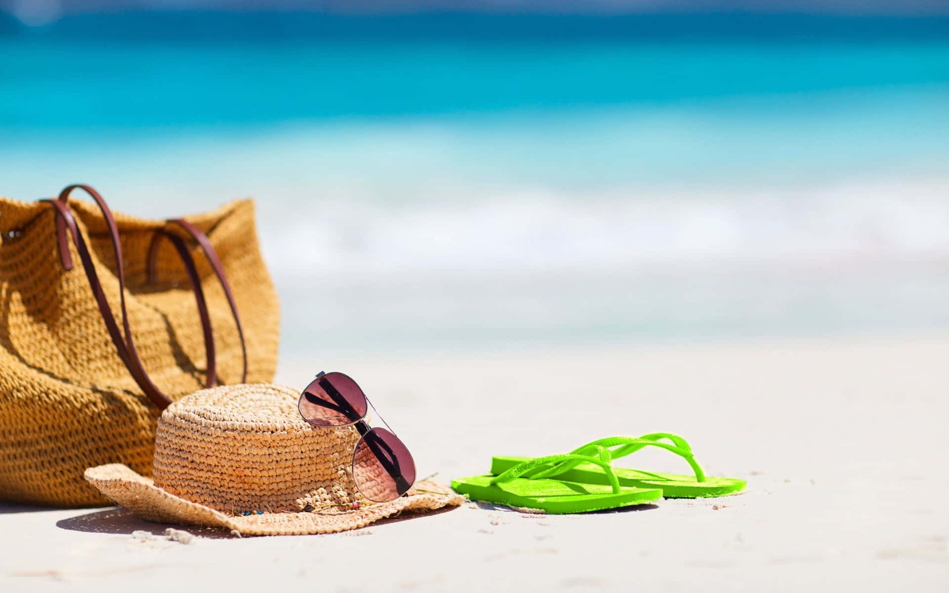 straw hat, sunglasses, bright green flip flops, Full HD Desktop Wallpaper