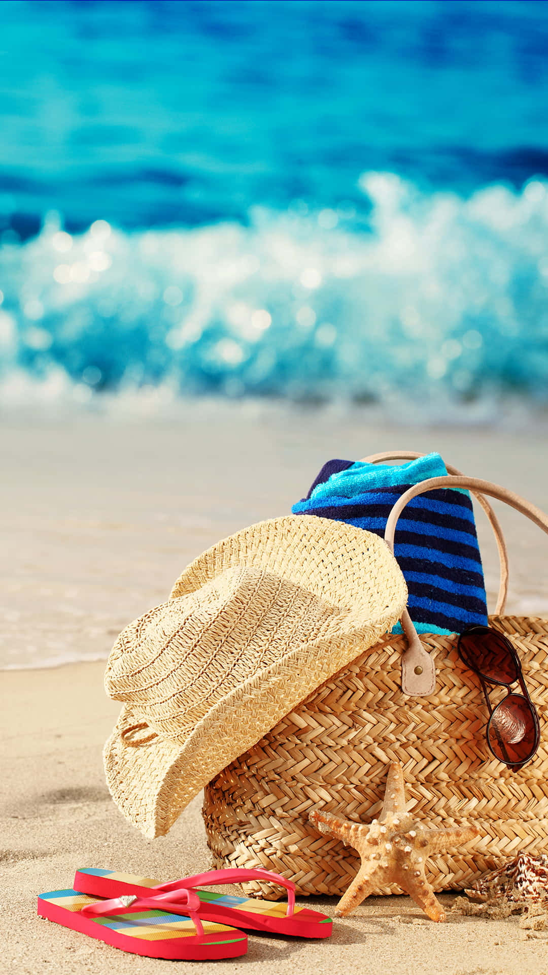 straw hat, colorful flip flops, woven beach bag, Full HD Phone Wallpaper