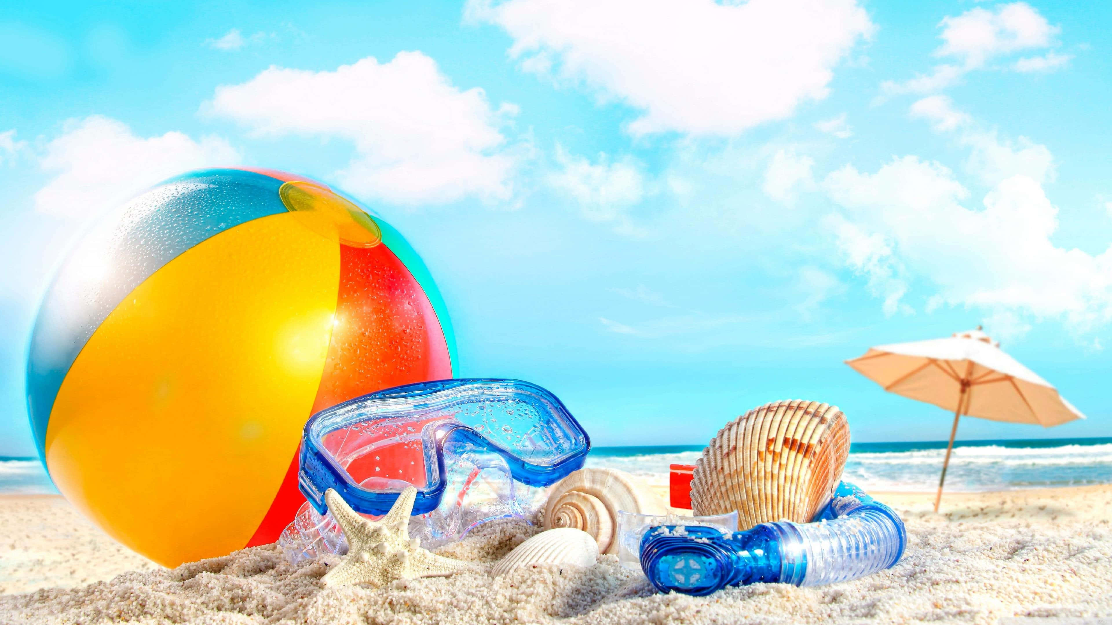 beach ball, snorkel mask, seashells, 4K Desktop Wallpaper