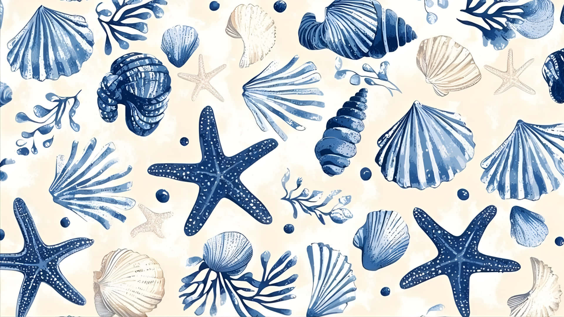 coastal seashell and starfish pattern, blue and cream seashells, starfish, Full HD Desktop Wallpaper