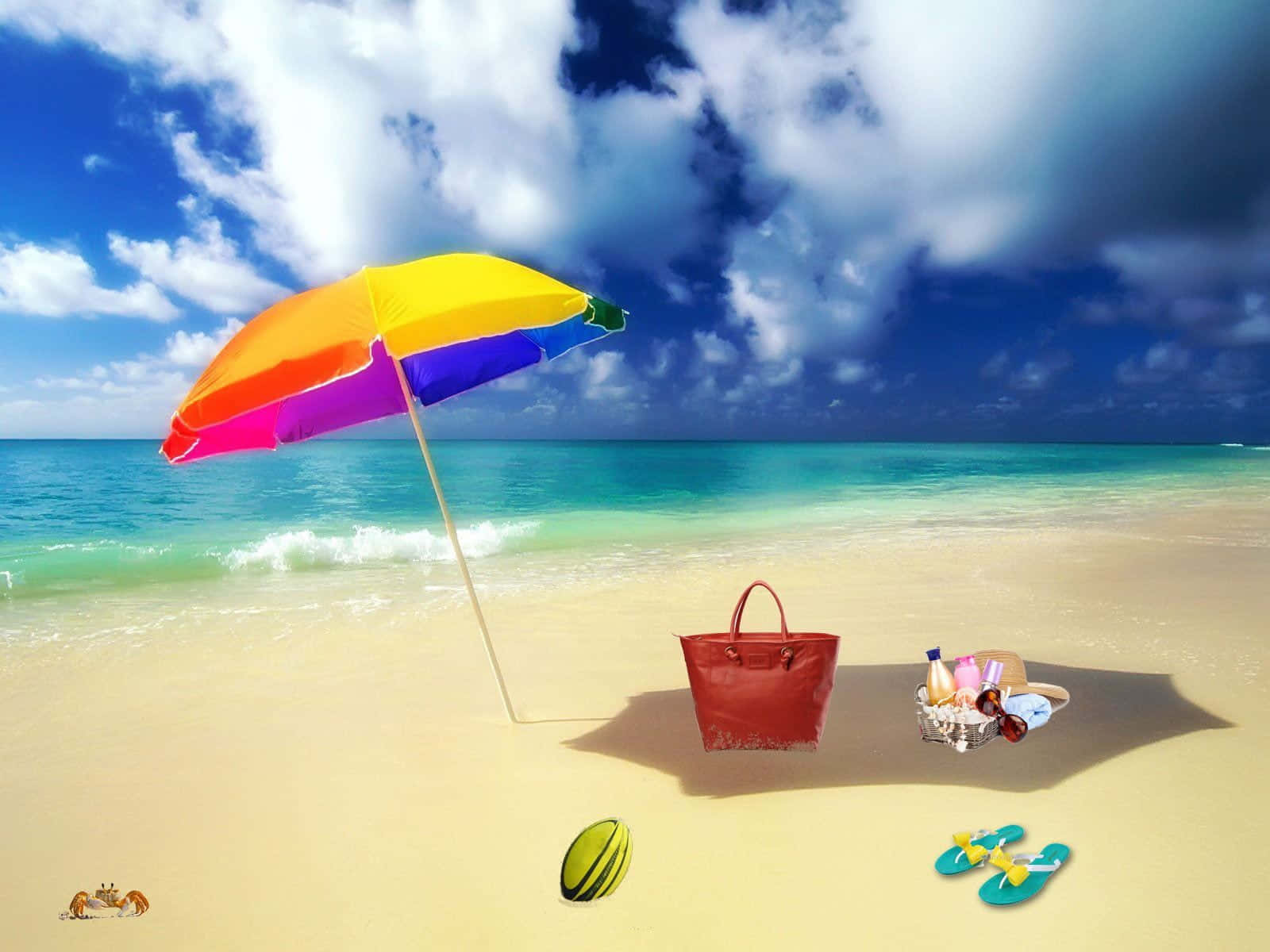 rainbow beach umbrella, red bag, flip flops, HD Desktop Wallpaper