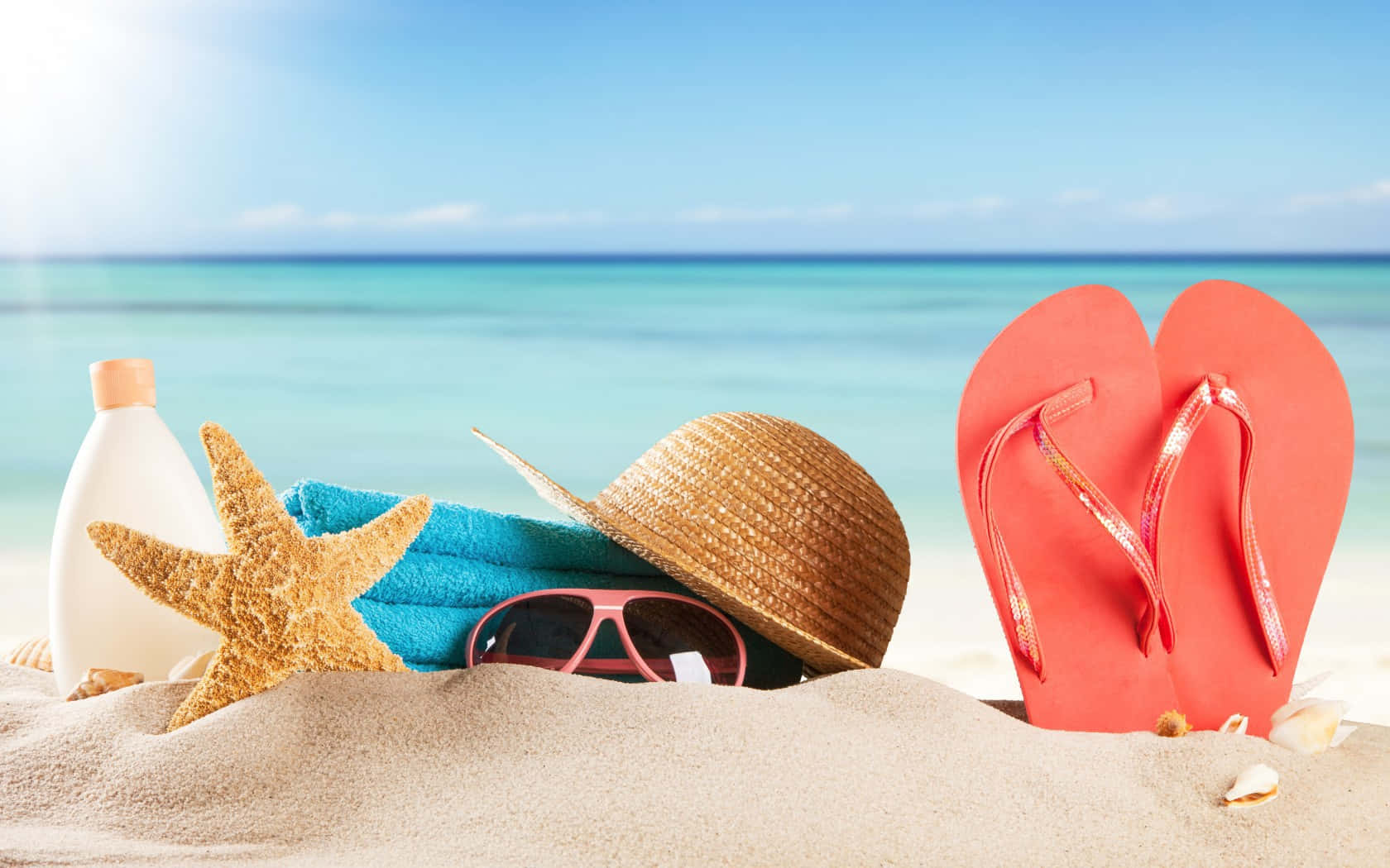 red flip flops, straw hat, sunglasses, HD Desktop Wallpaper