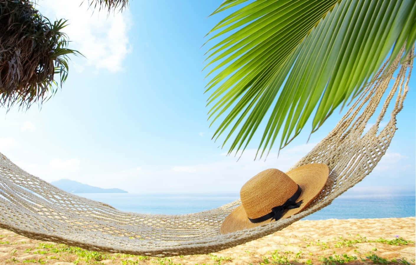 woven hammock, sandy beach, palm fronds, HD Desktop Wallpaper