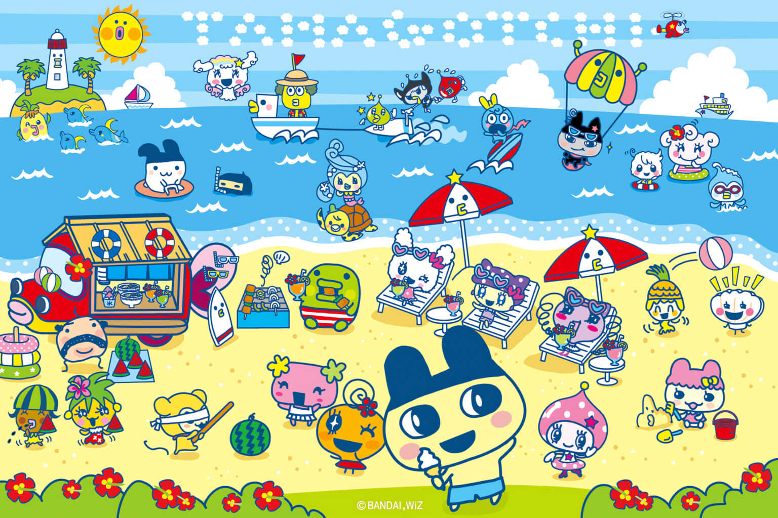 colorful beach party anime characters, vibrant cartoon beach scene, sun umbrellas, HD Desktop Wallpaper