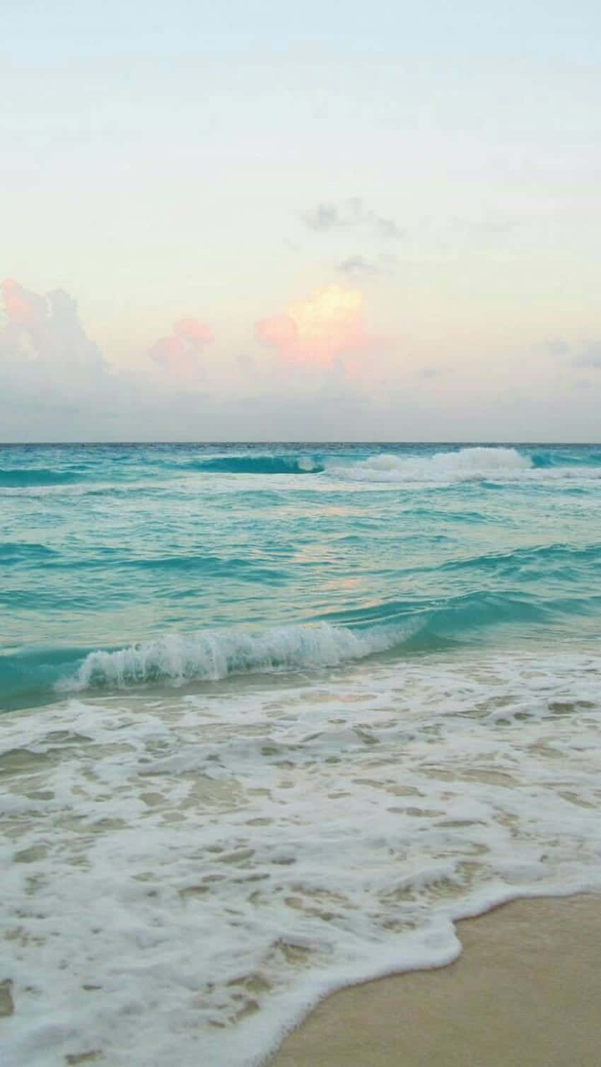 turquoise waves, sandy shore, pastel pink and peach sunset sky, HD Phone Wallpaper