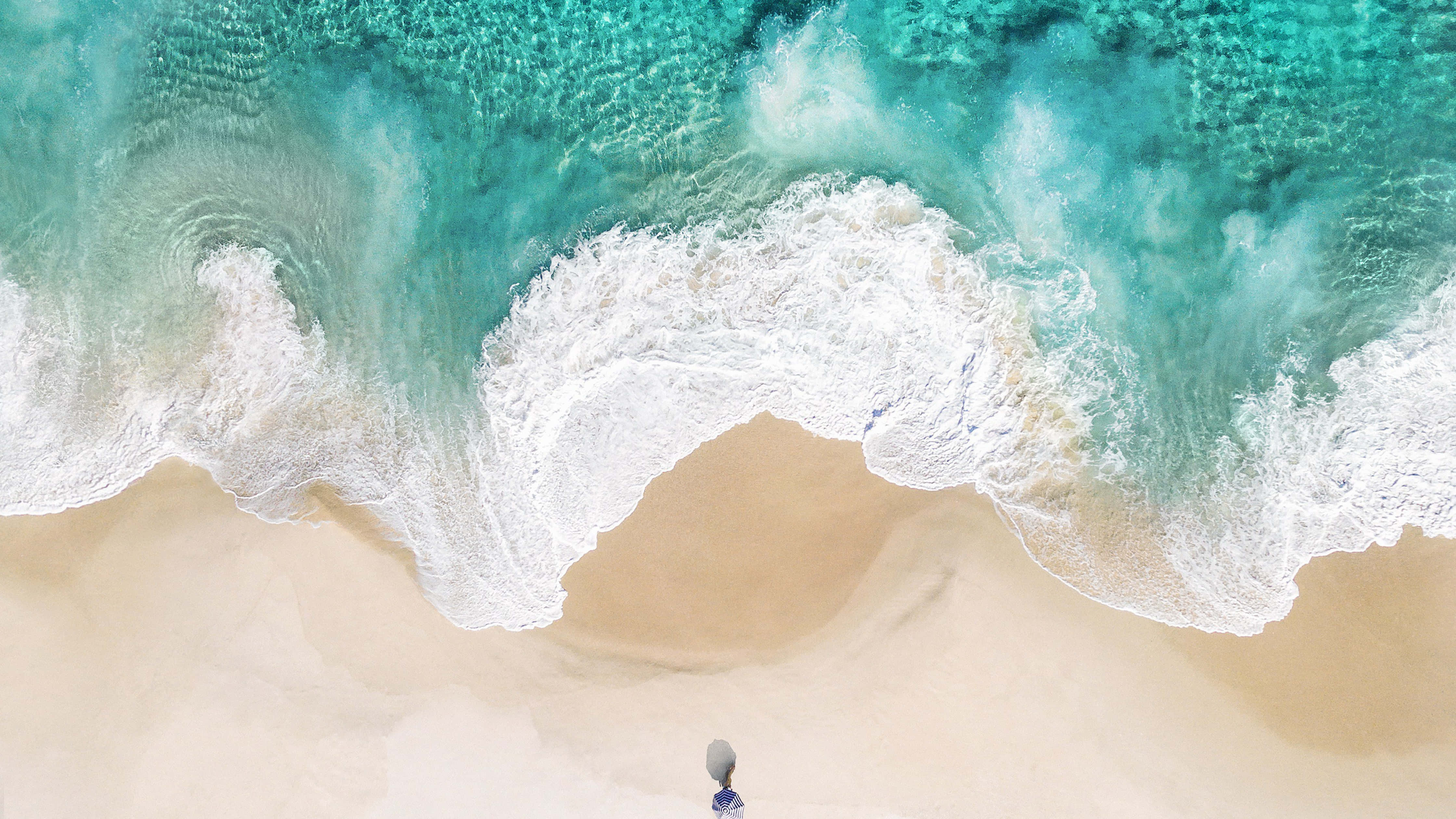 turquoise waves, golden beach, lone person, 4K Desktop Wallpaper