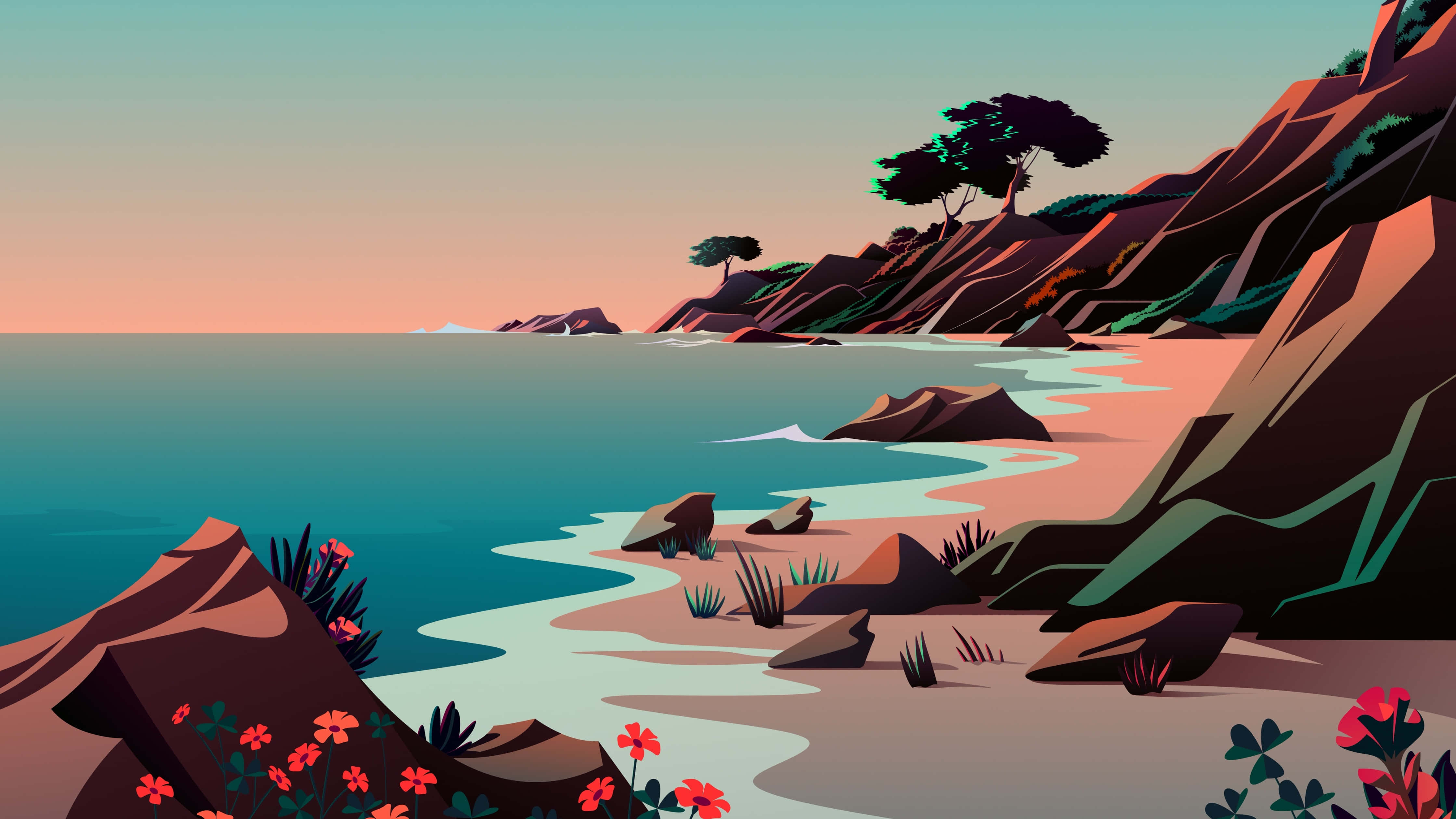 Beach Aesthetic Tumblr, sunset, rocky cliffs, 4K Desktop Wallpaper
