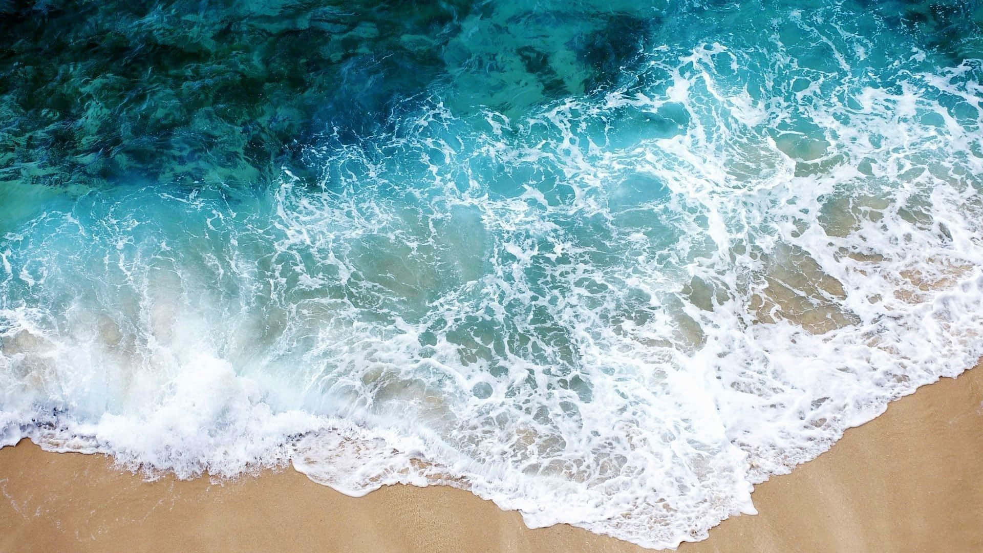 turquoise ocean, golden sand, frothy white foam, Full HD Desktop Wallpaper