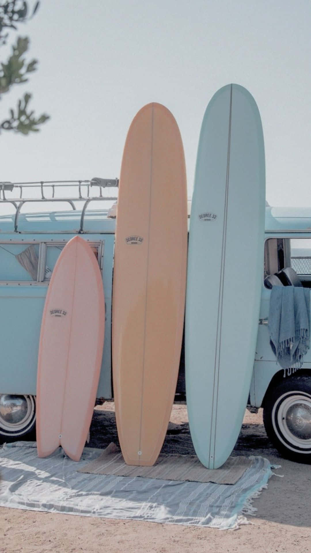 pastel surfboards, vintage light blue van, calm ocean waves, Full HD Phone Wallpaper