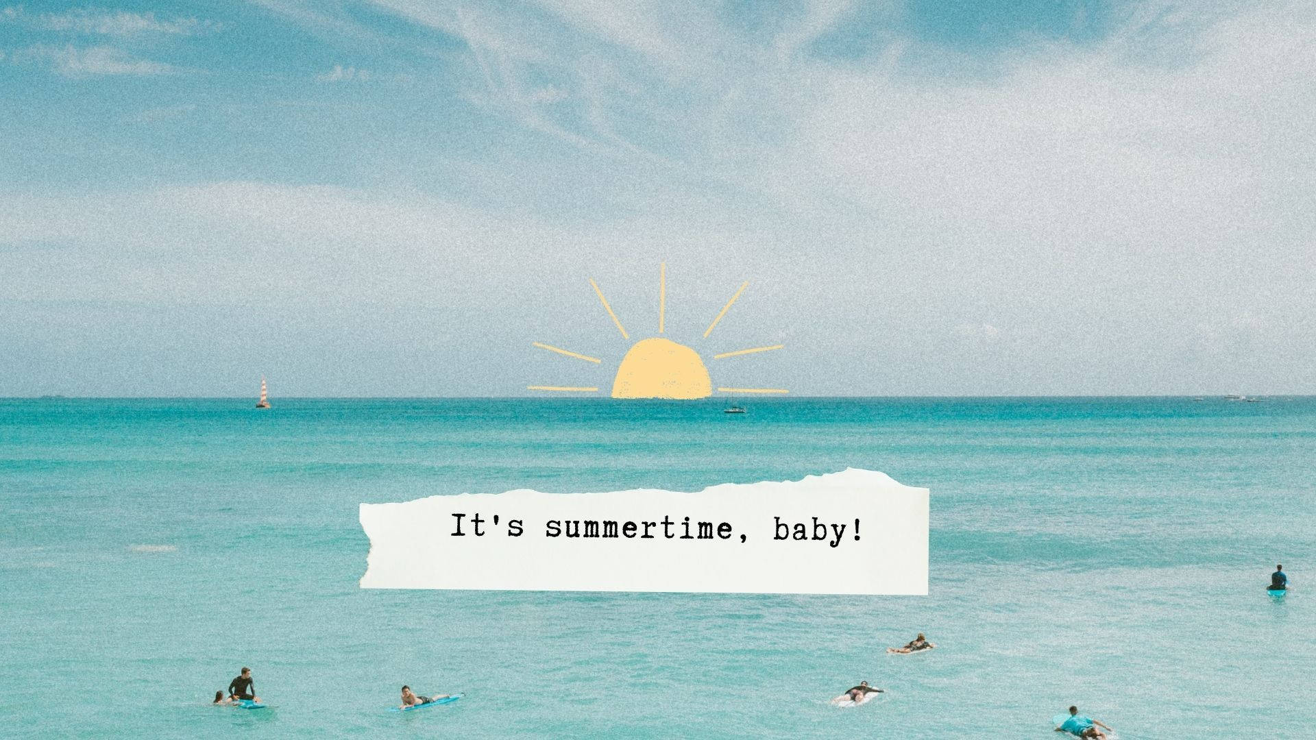 Summertime Beach Typewriter Pinterest Aesthetic, turquoise water, people surfing, Full HD Desktop Wallpaper