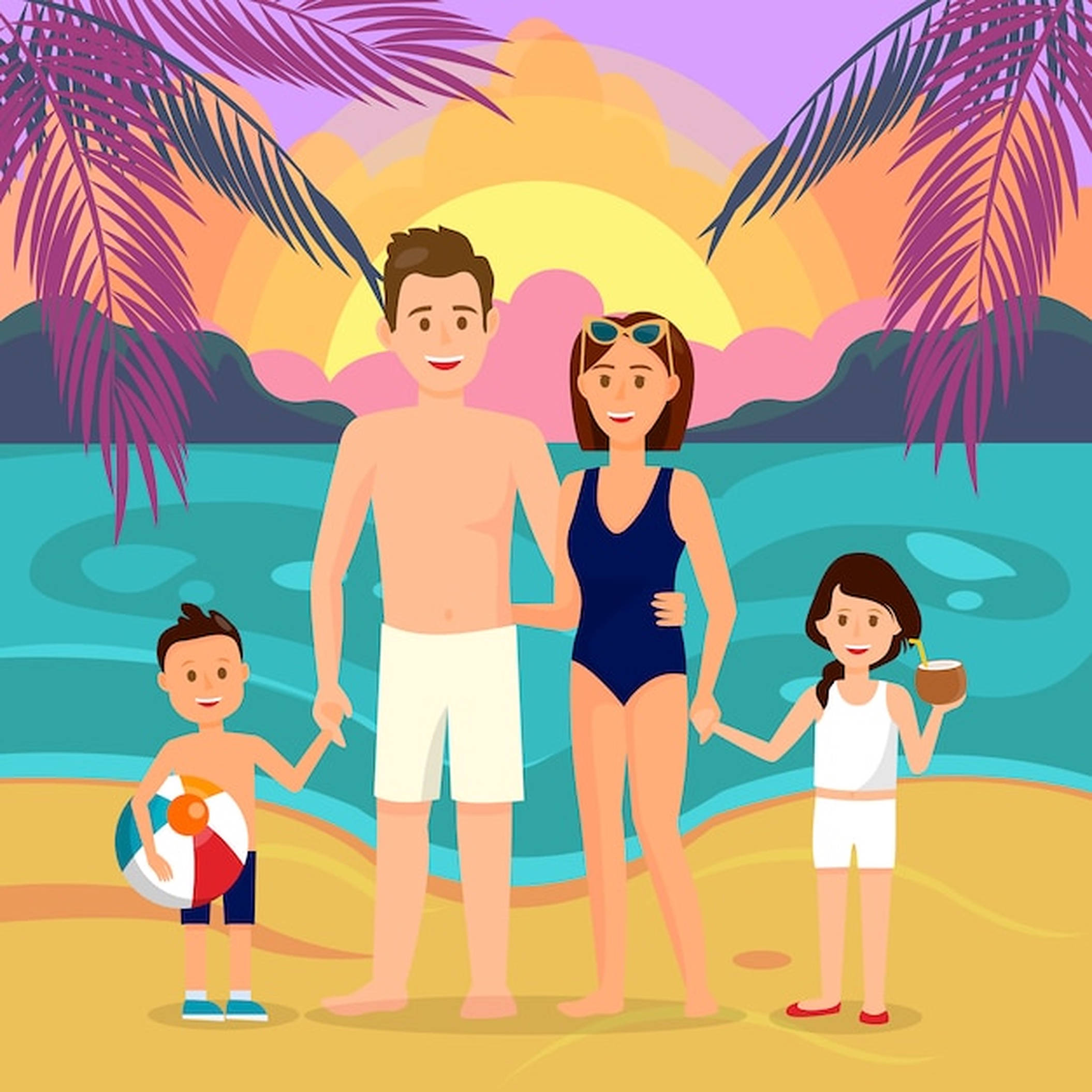 Family Beach Vacation, sandy beach, sunset, Full HD Desktop Wallpaper