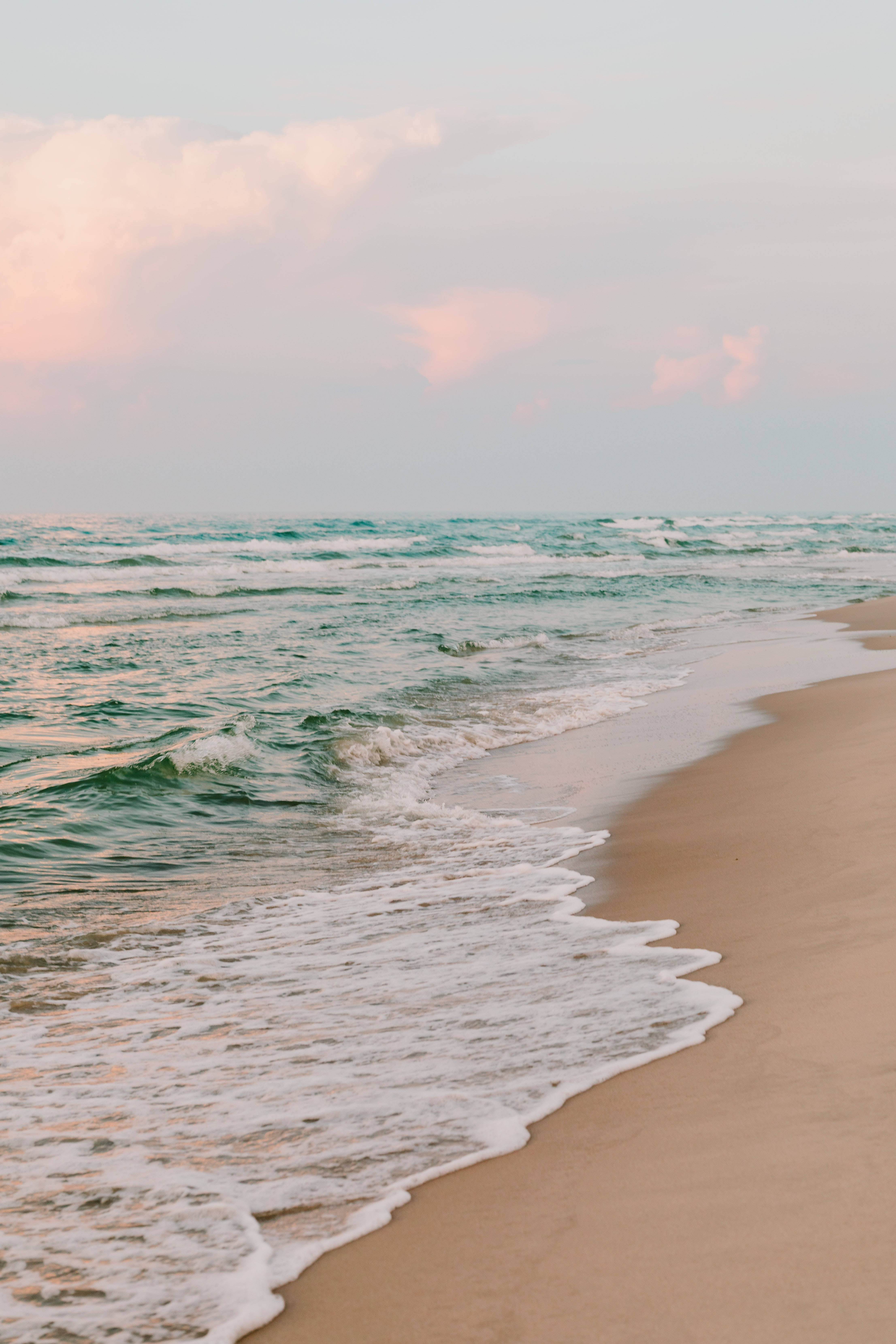 early morning beach android, pastel pink and blue sky, sandy beach, 5K Phone Wallpaper