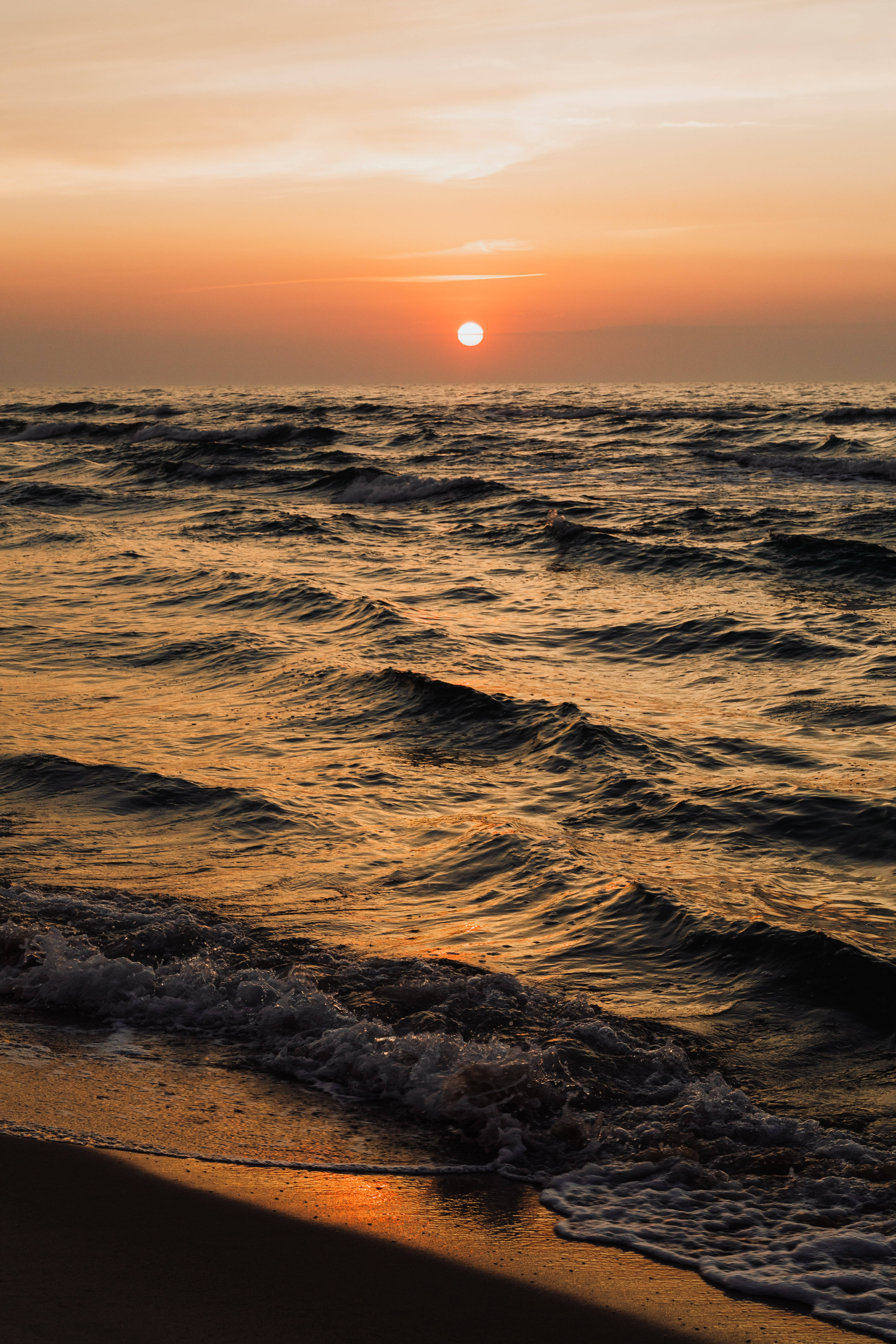 Setting Sun On Beach Android, sunset, ocean, 5K Phone Wallpaper