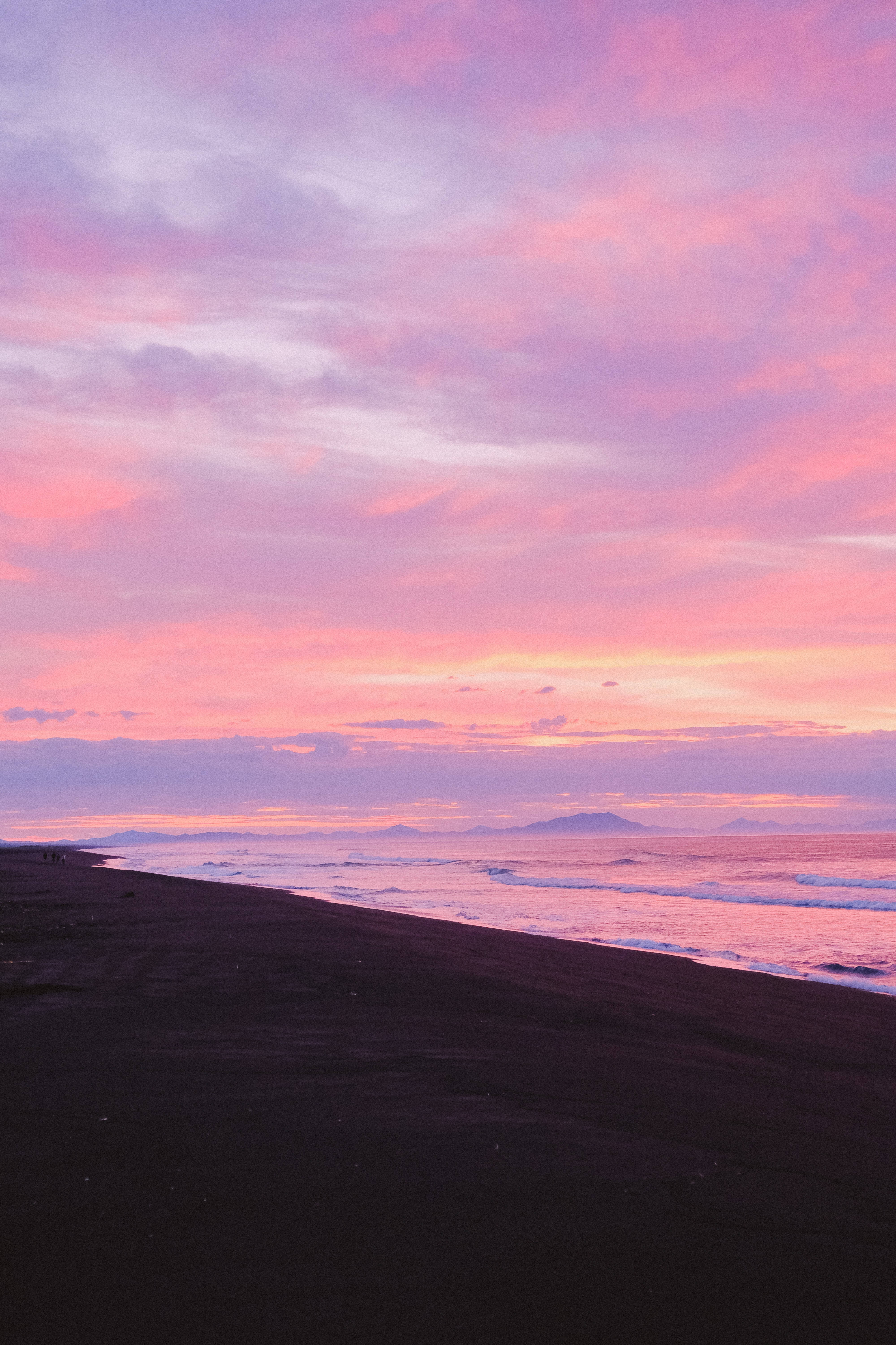 Pink Sunset Beach Android, black sand beach, sunset, 5K Phone Wallpaper