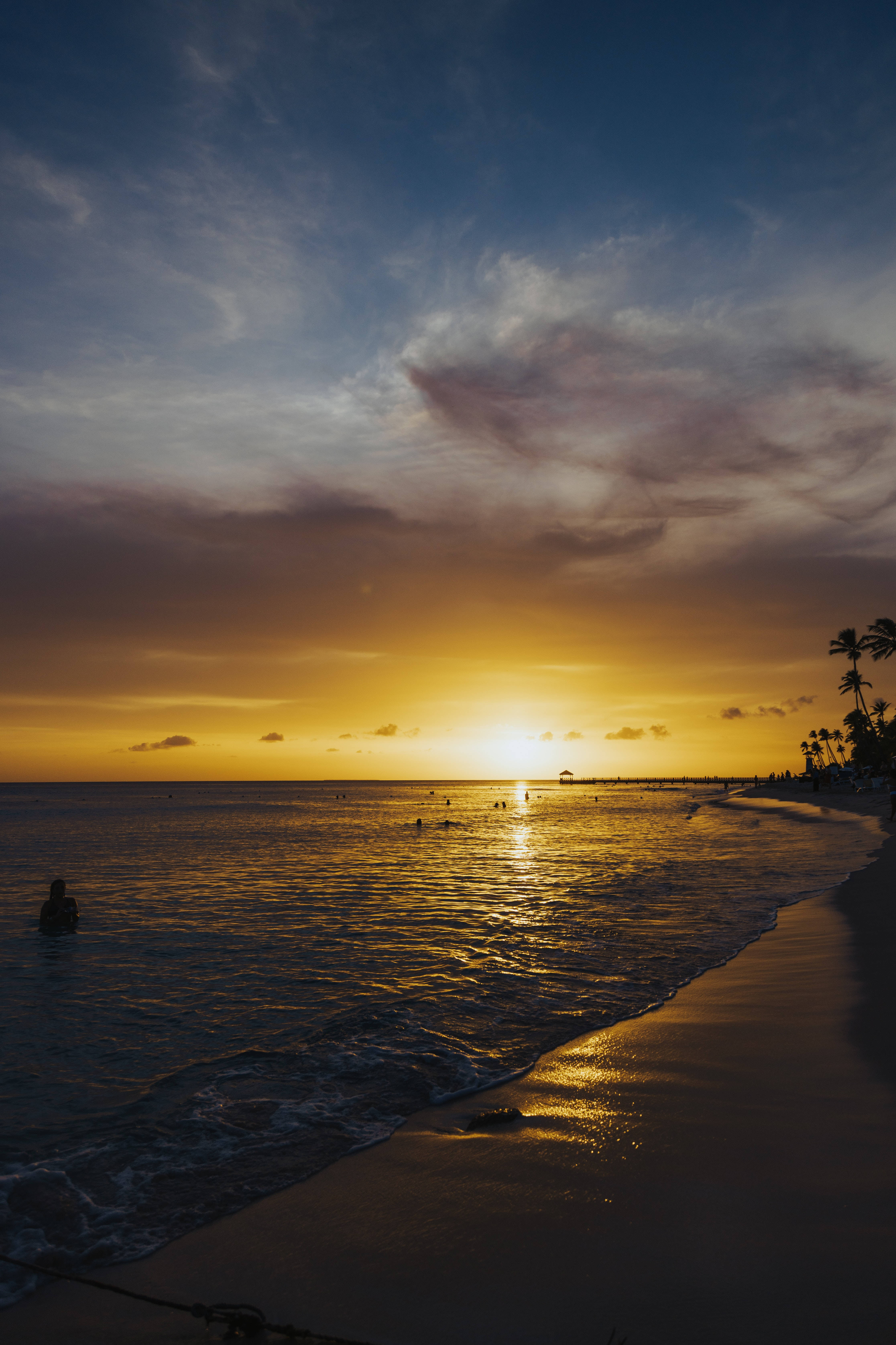 Dark Yellow Sunset Beach Android, golden sunset, ocean, 5K Phone Wallpaper