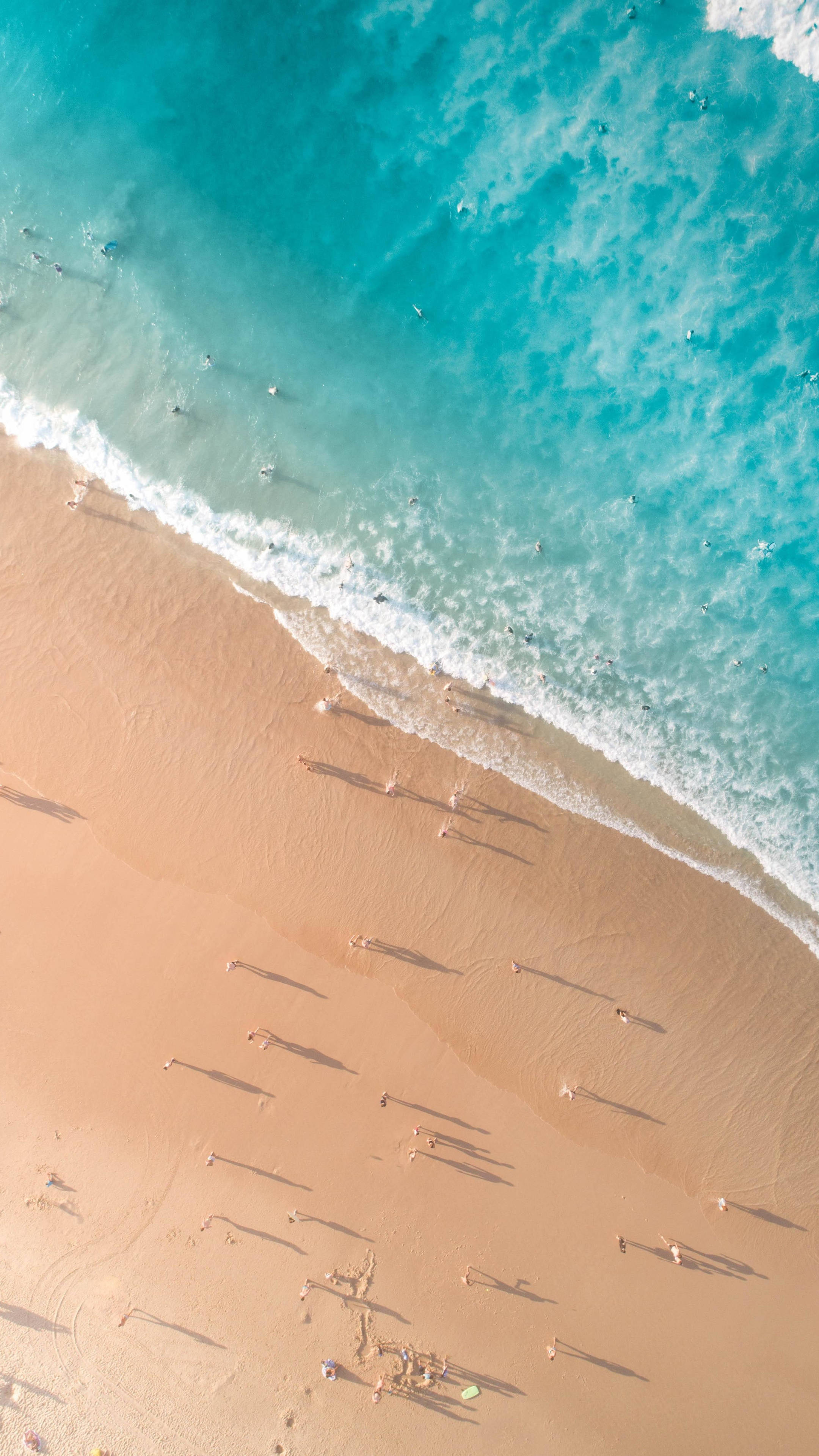 overhead beach android, turquoise ocean, golden sandy beach, 4K Phone Wallpaper