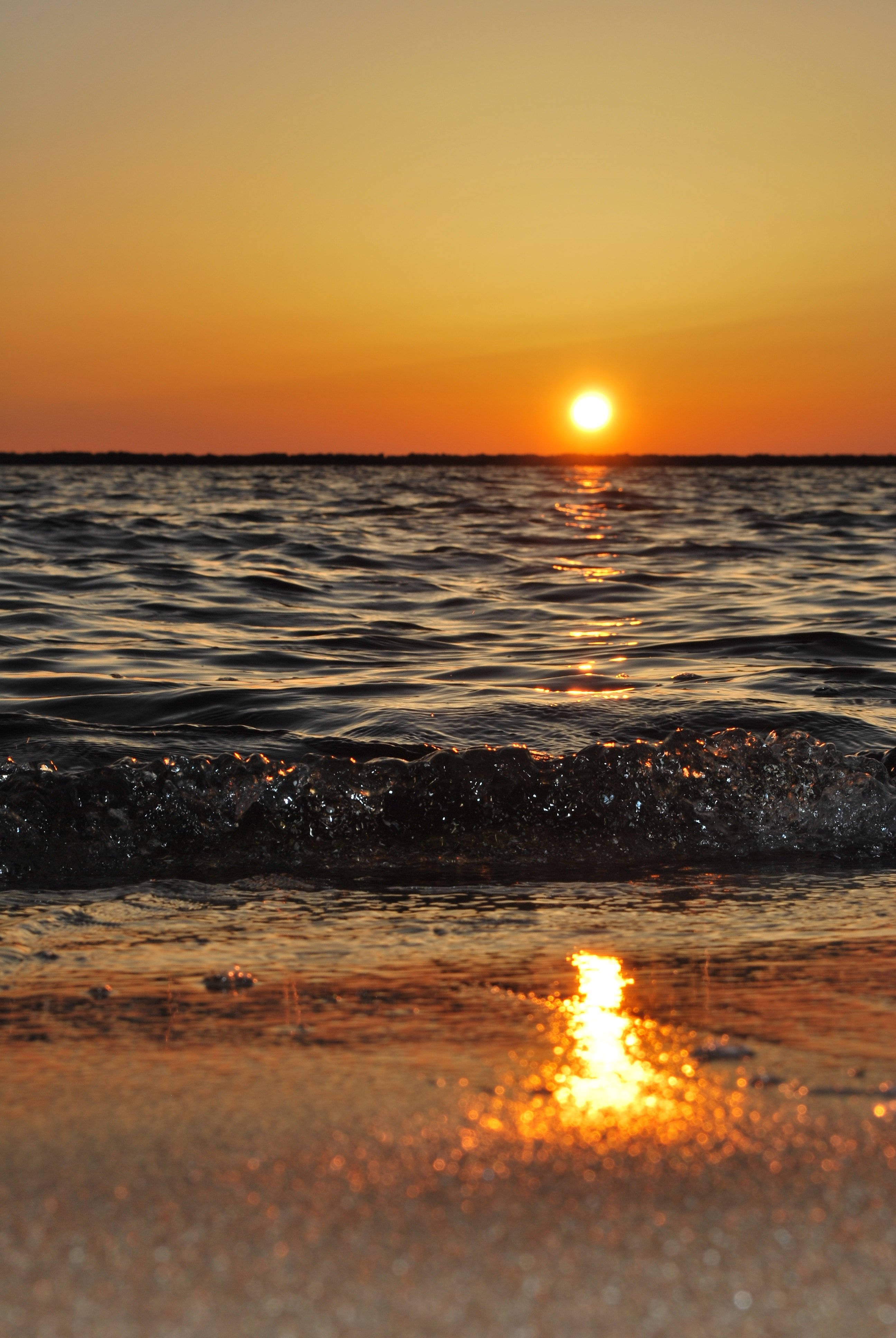 yellow sunset, beach android, calm ocean waves, 4K Phone Wallpaper
