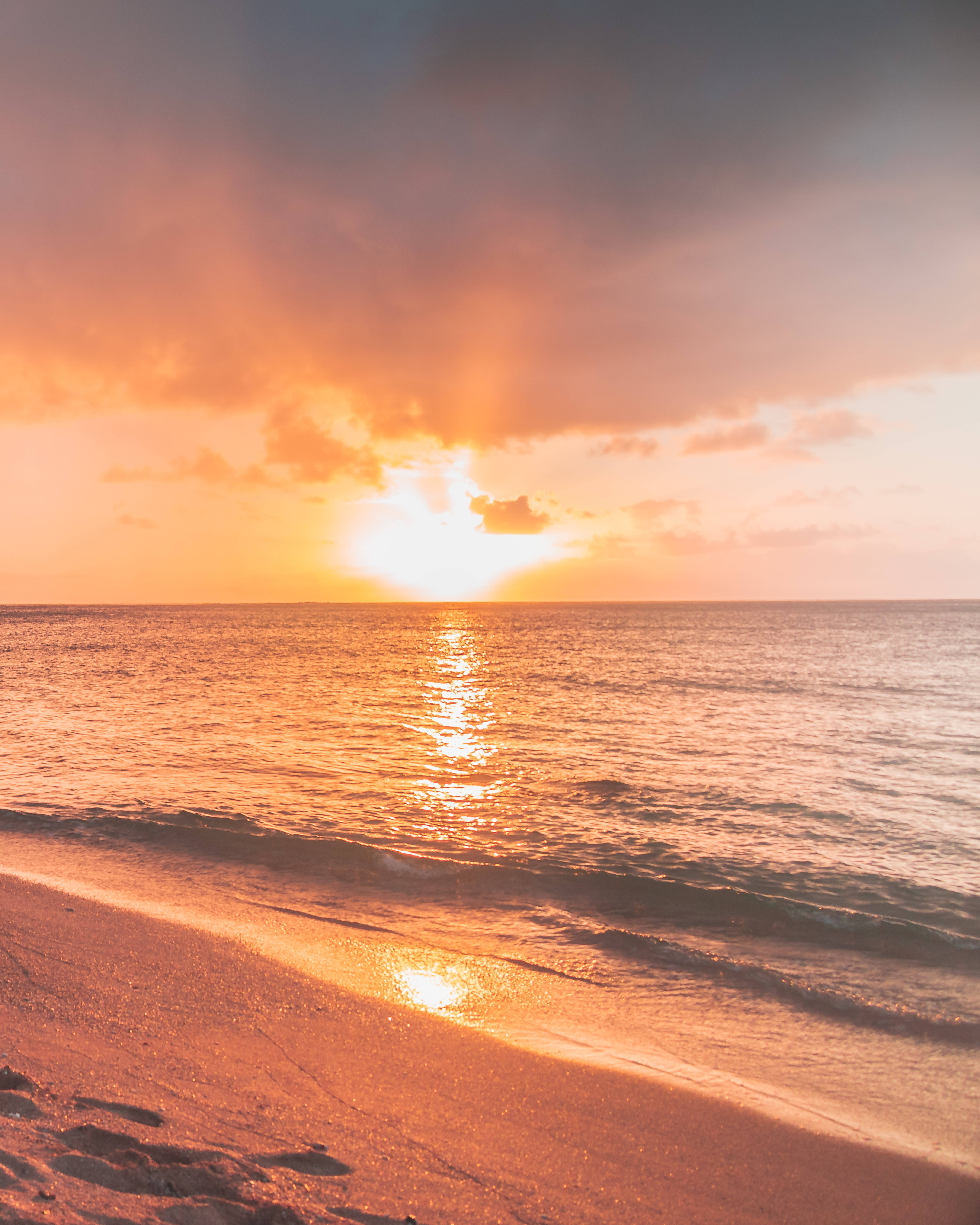 bright orange sunset, calm ocean waters, sandy beach, 8K Phone Wallpaper