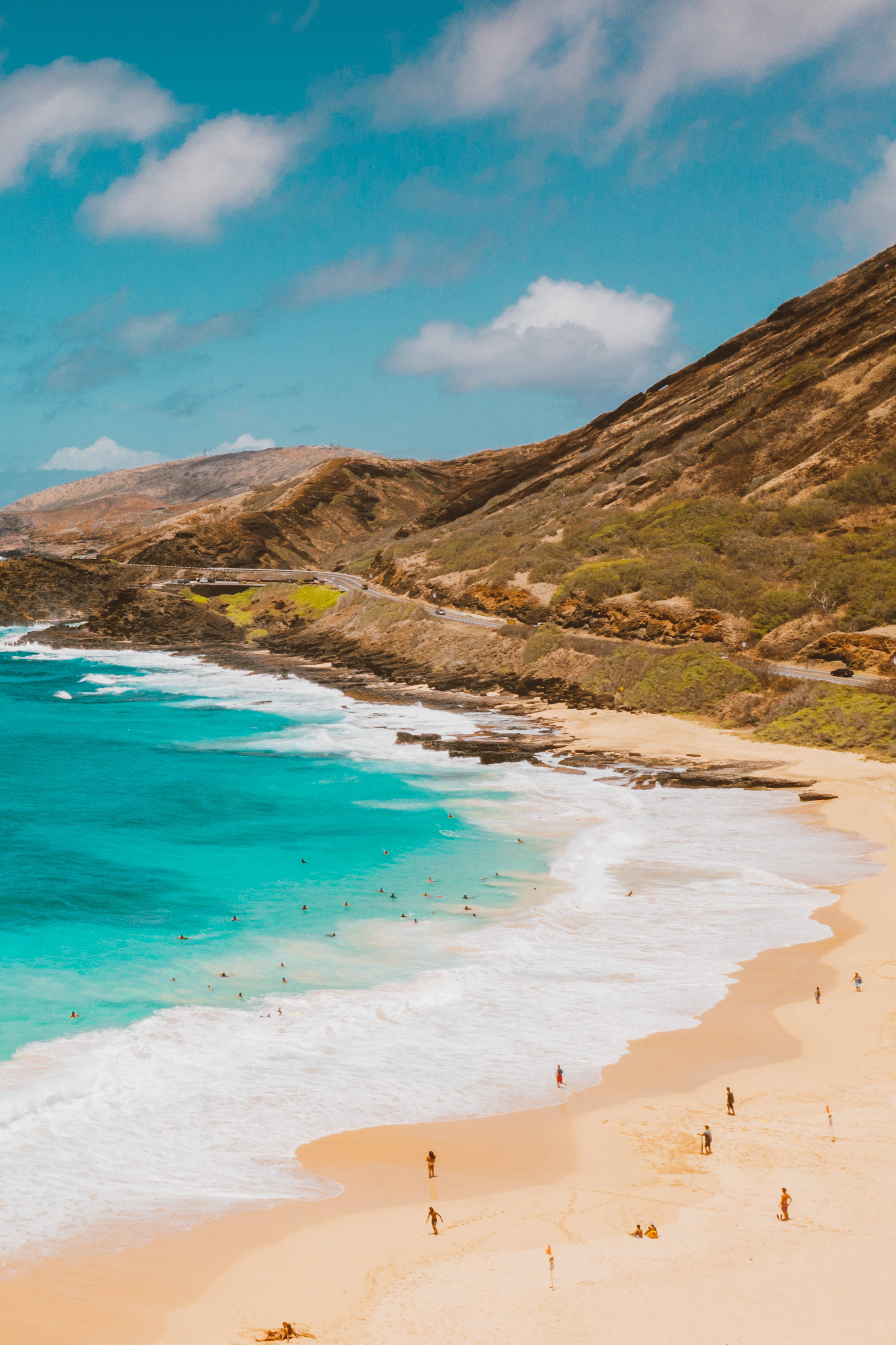 Beach Android, turquoise ocean, golden sandy beach, 8K Phone Wallpaper