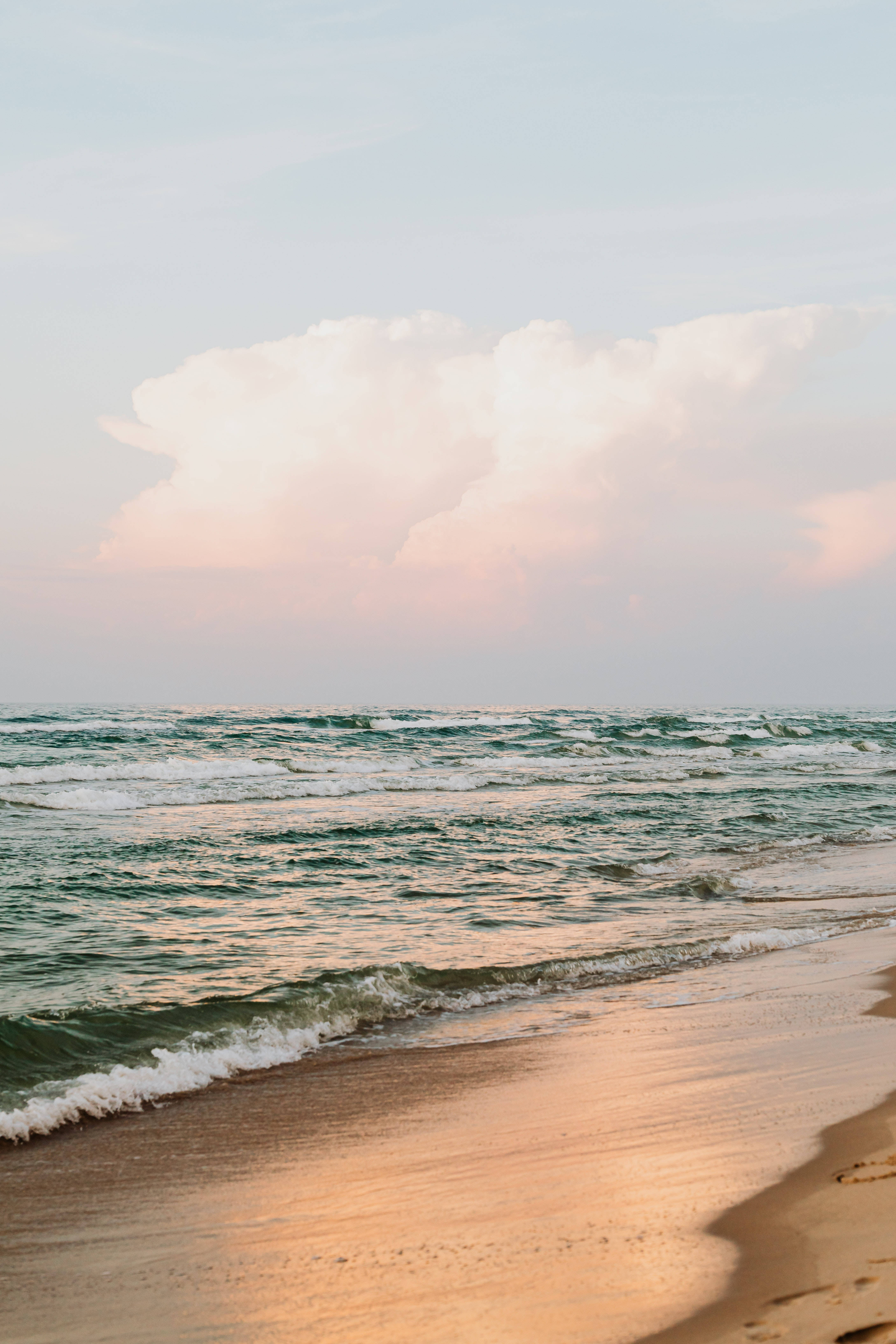 Waves On Shore, sandy beach, pastel sky, 5K Phone Wallpaper