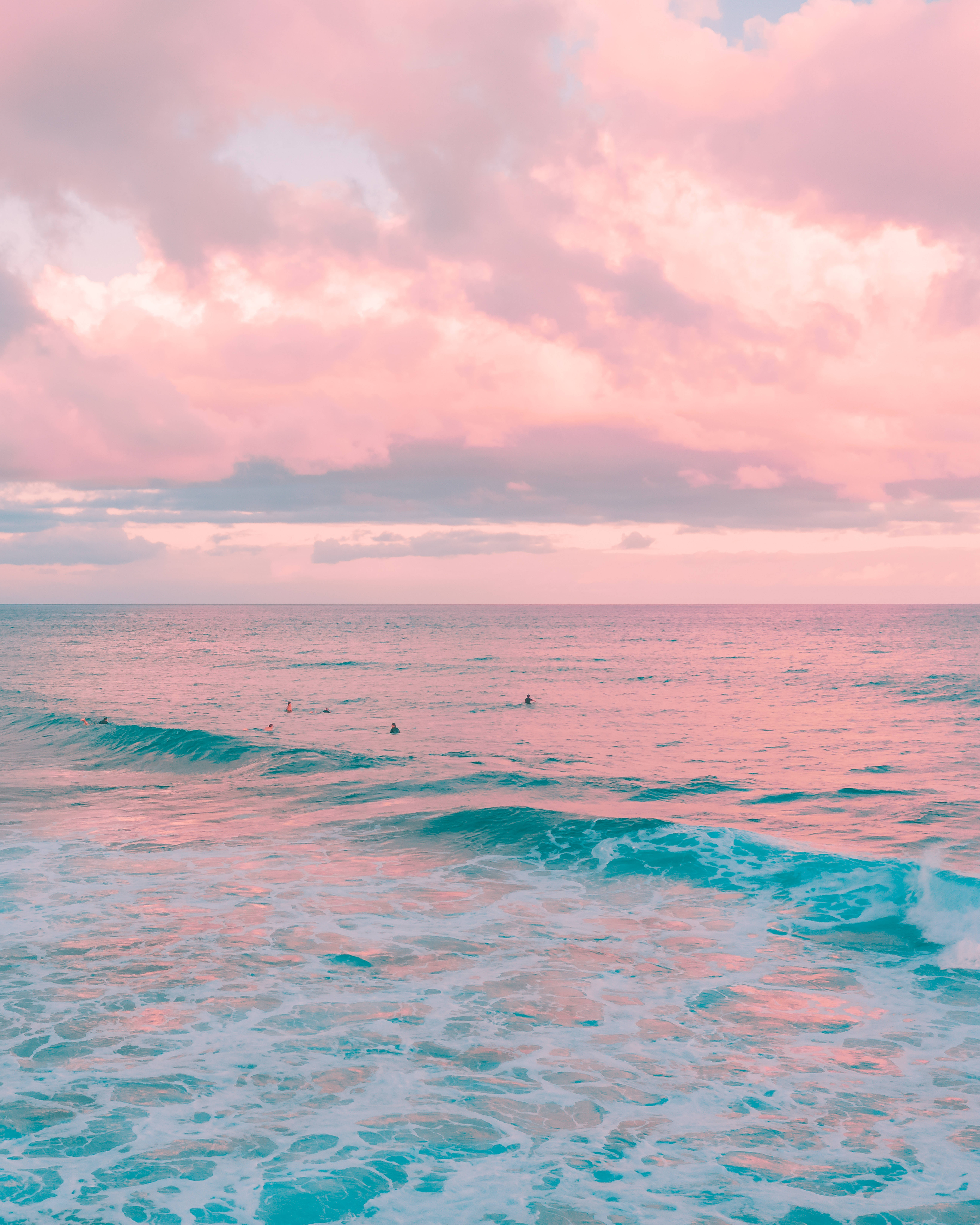 pastel pink, blue beach android, turquoise waves, 8K Phone Wallpaper