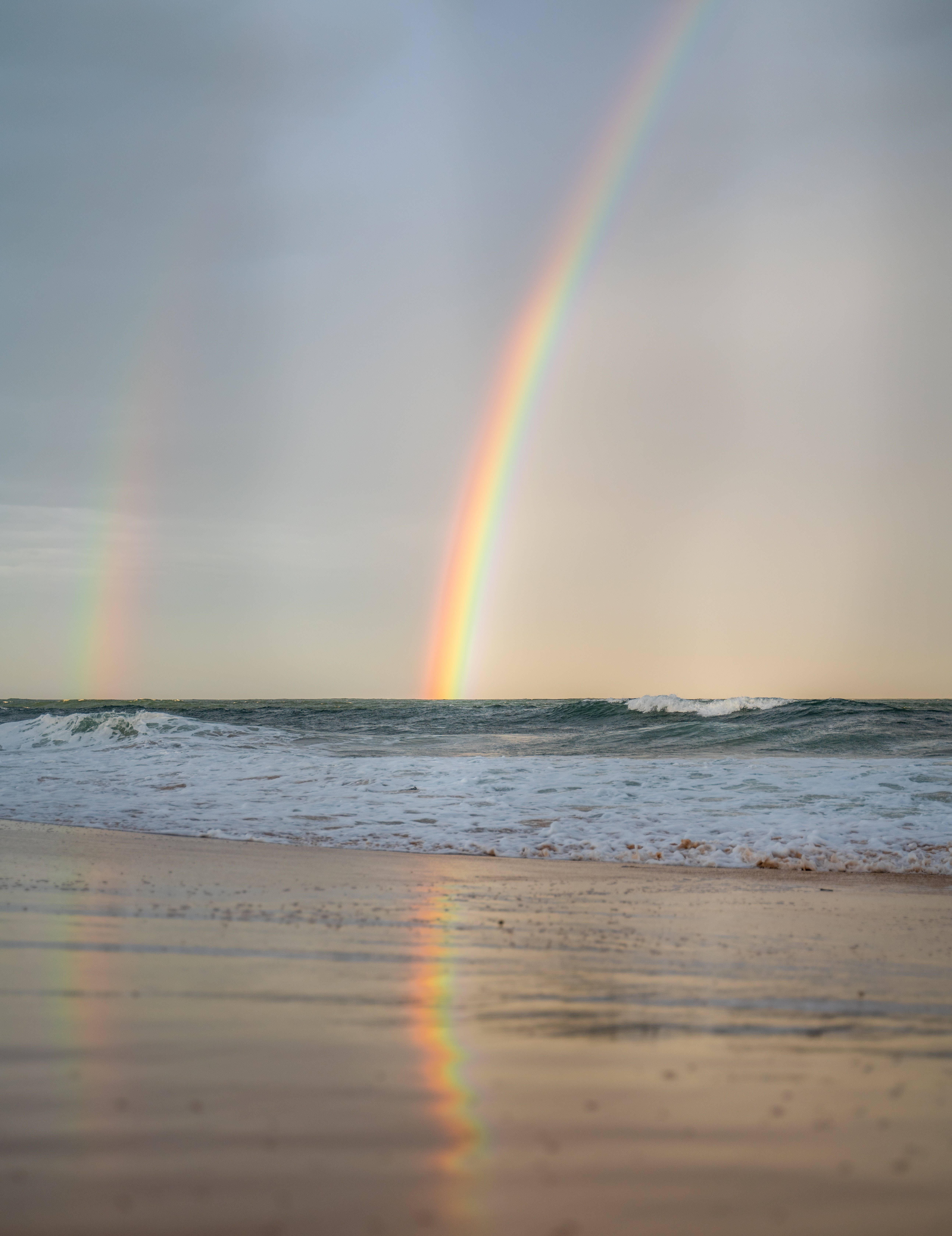 Rainbow Beach Android, double rainbow, wet sandy beach, 5K Phone Wallpaper