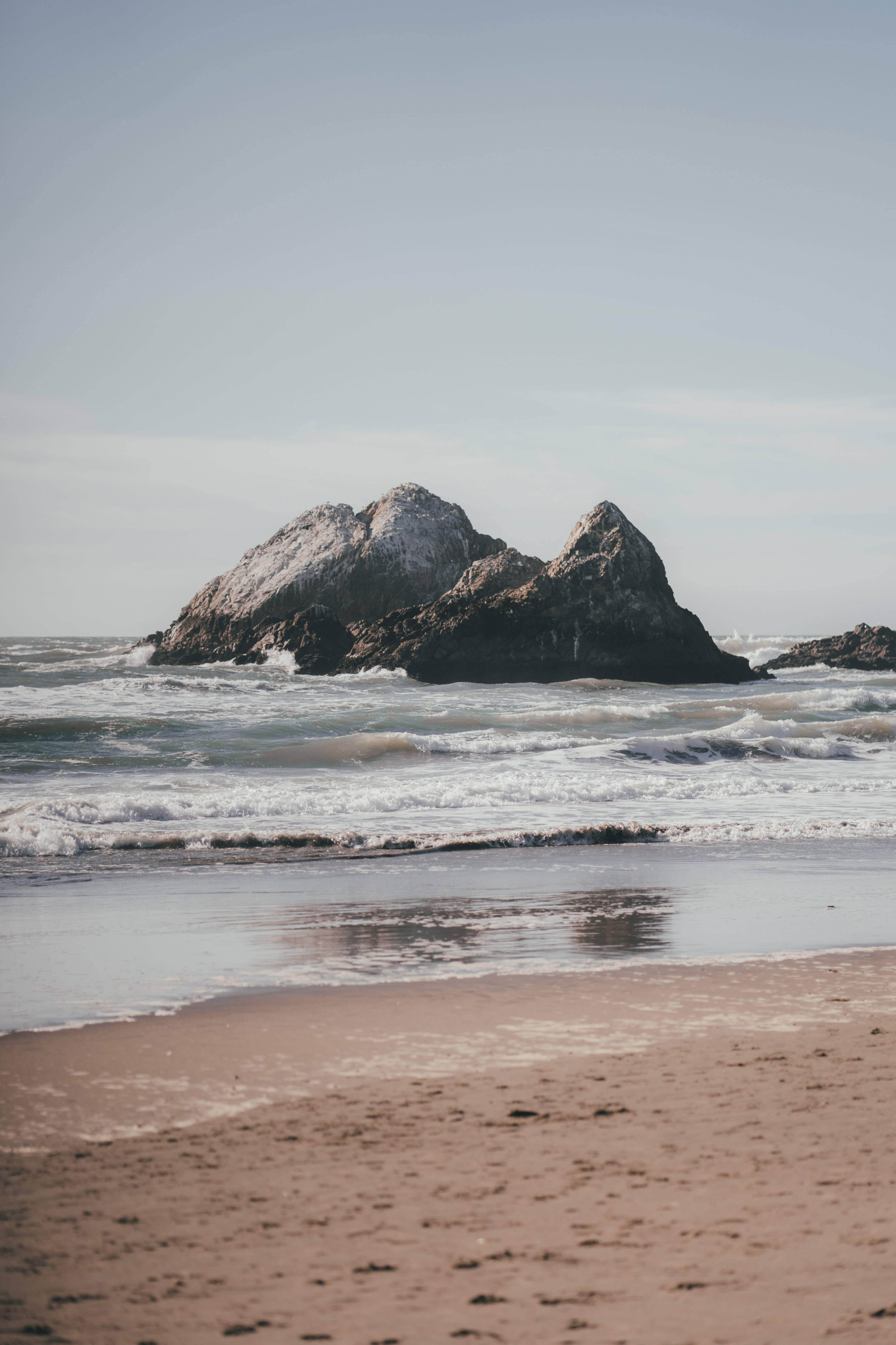 Beach Android, rock formations, pinkish sand, 5K Phone Wallpaper