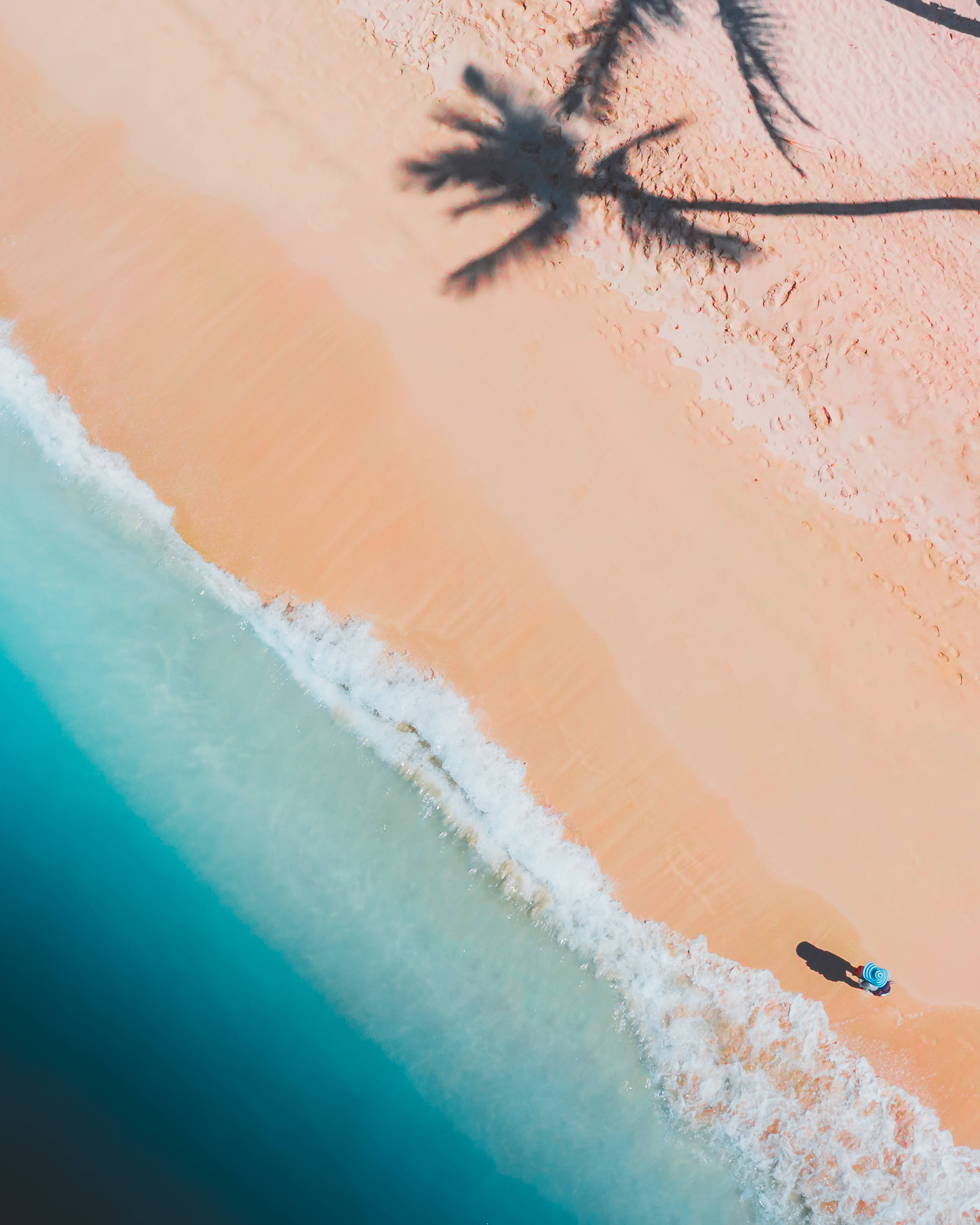 person, blue hat, peach sand beach, 8K Phone Wallpaper