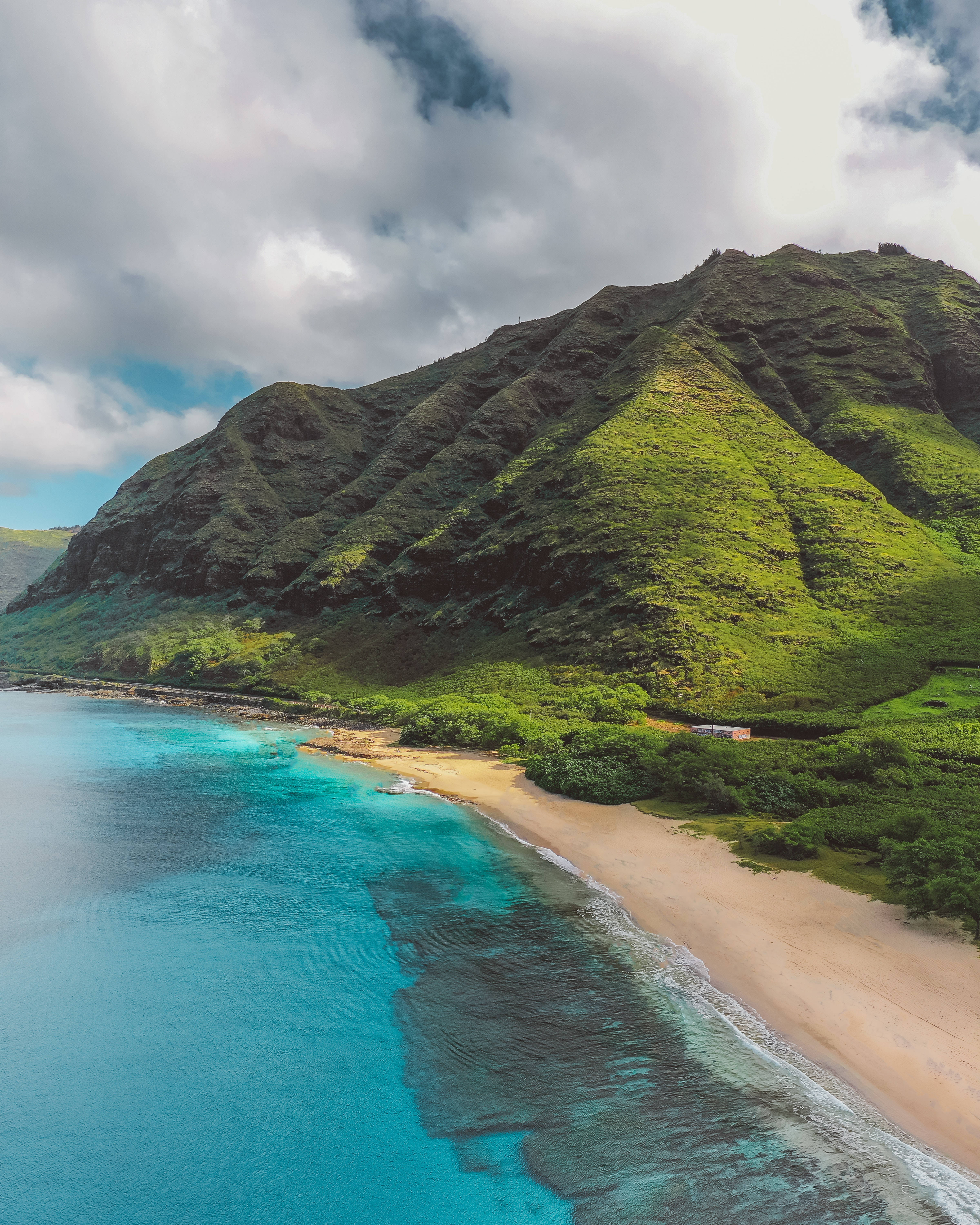 Mountain And Beach Android, turquoise ocean, sandy beach, 5K Phone Wallpaper