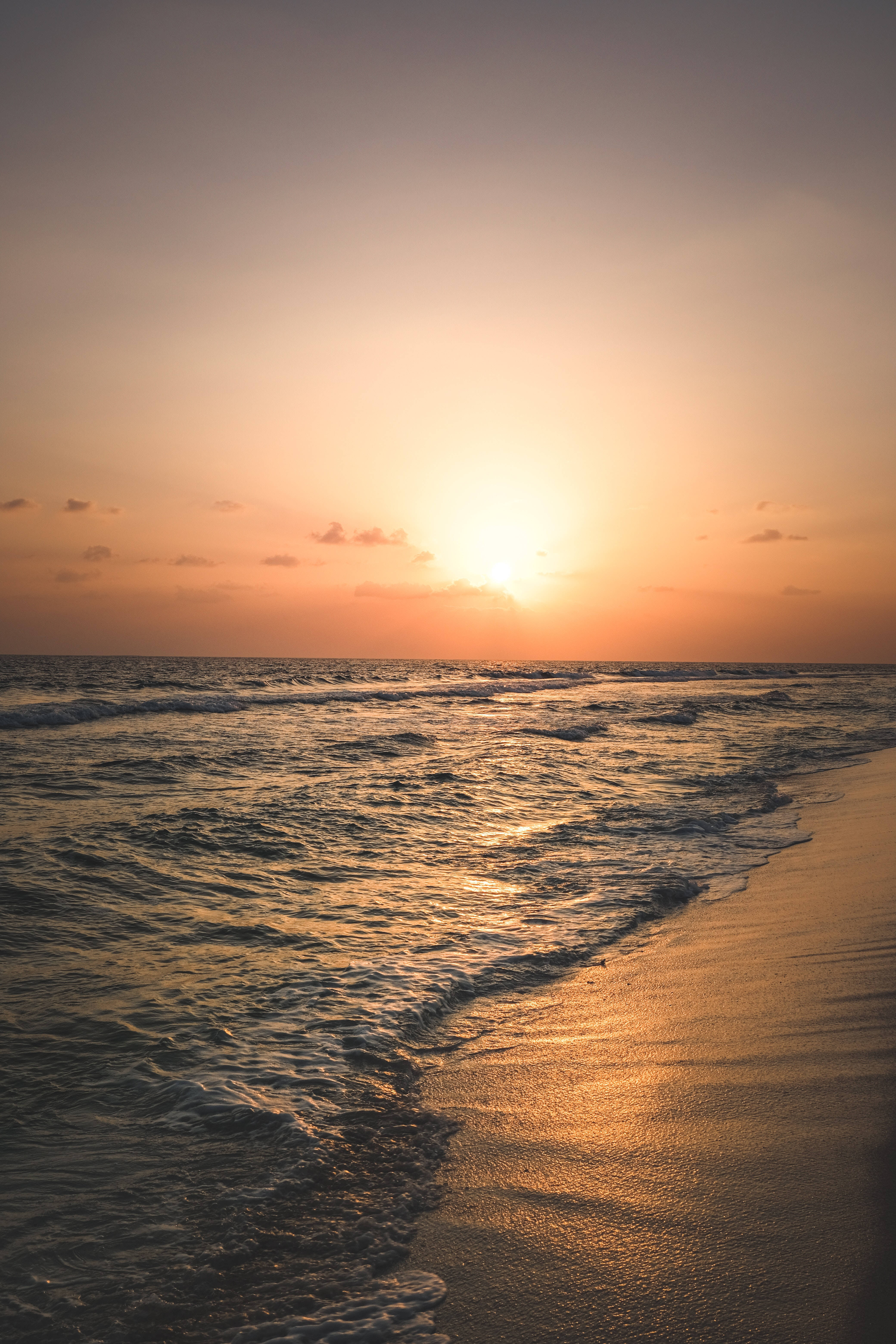 sunset, beach, ocean waves, 5K Phone Wallpaper
