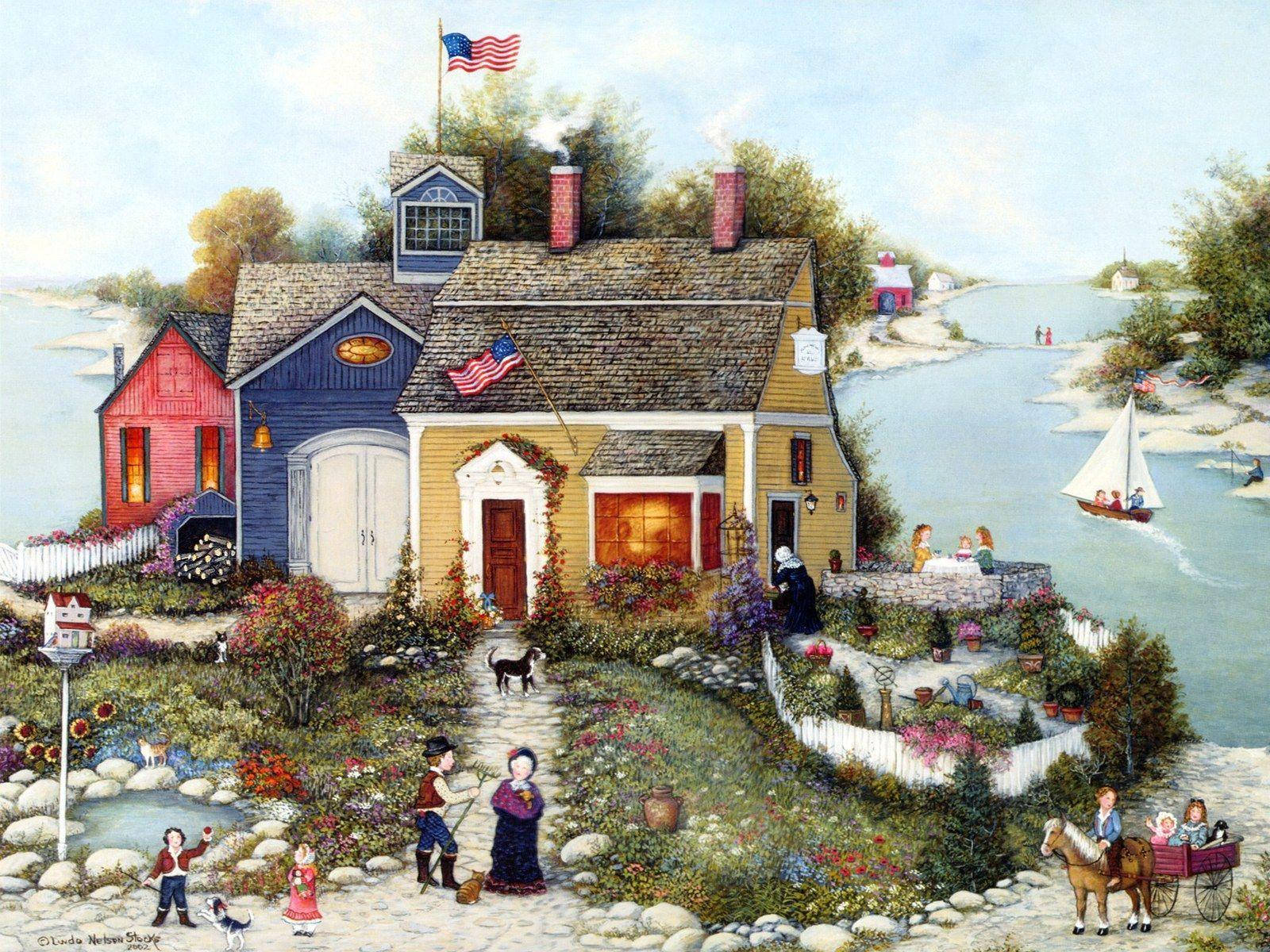 American coastal village, colorful houses, gardens, HD Desktop Wallpaper
