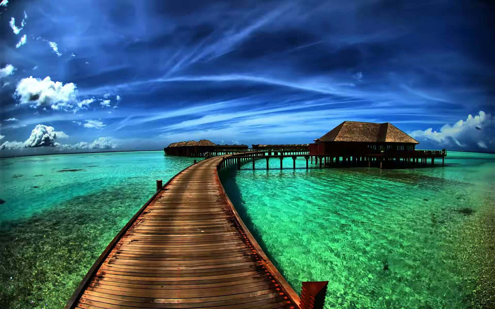 wooden pier, vibrant turquoise water, overwater bungalows, Full HD Desktop Wallpaper