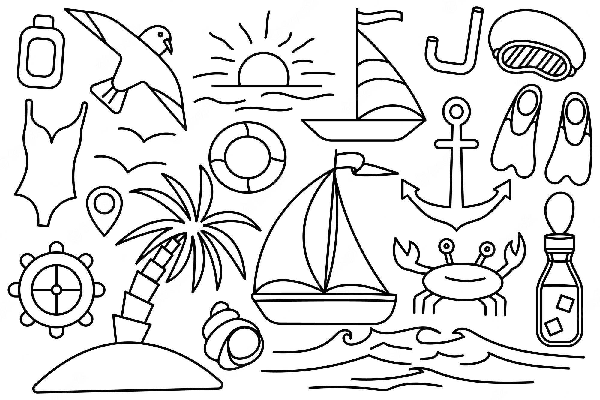 Pertinent Day Beach, black and white line art, sailboats, Full HD Desktop Wallpaper