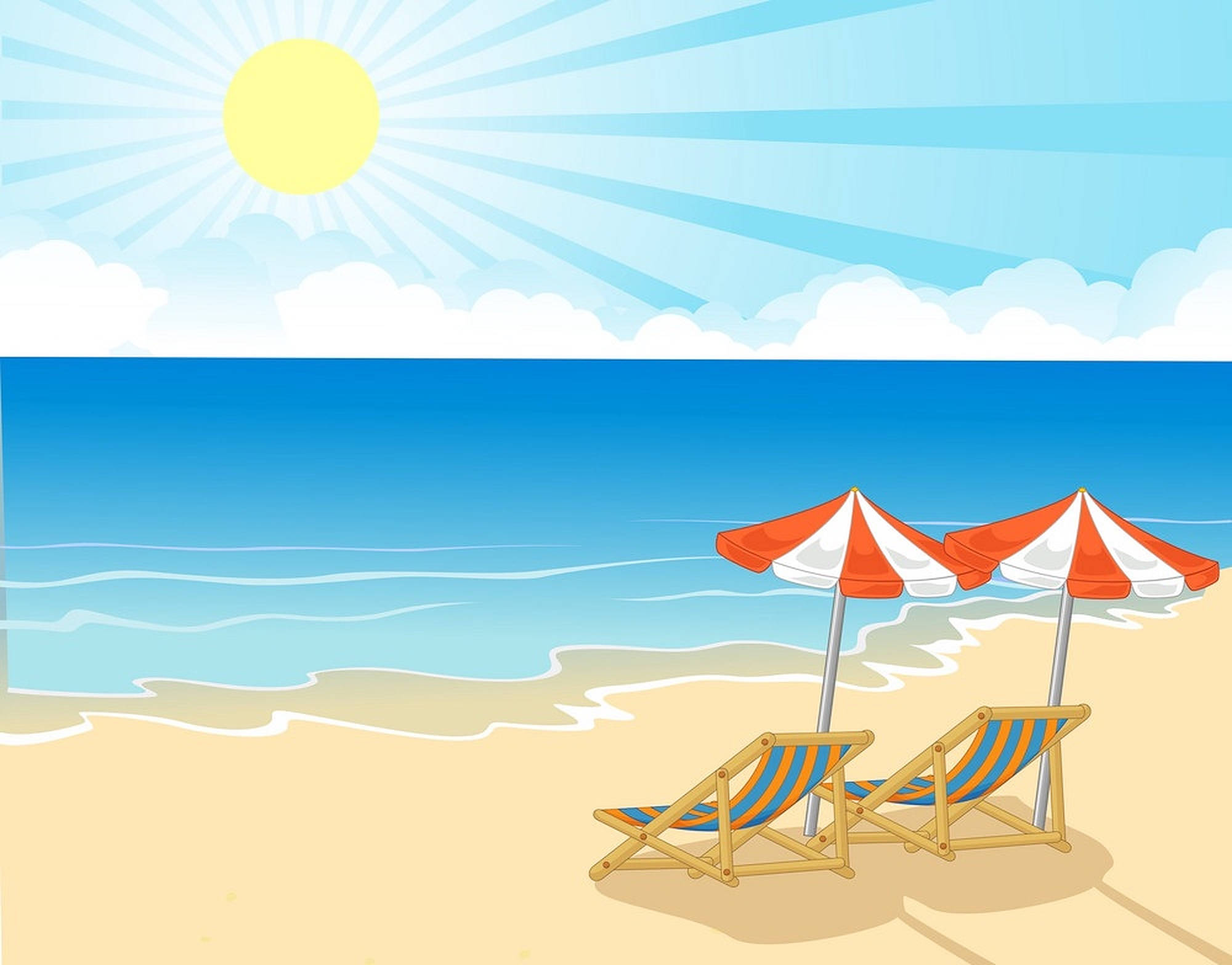 striped beach chairs, red and white umbrellas, sandy shore, Full HD Desktop Wallpaper
