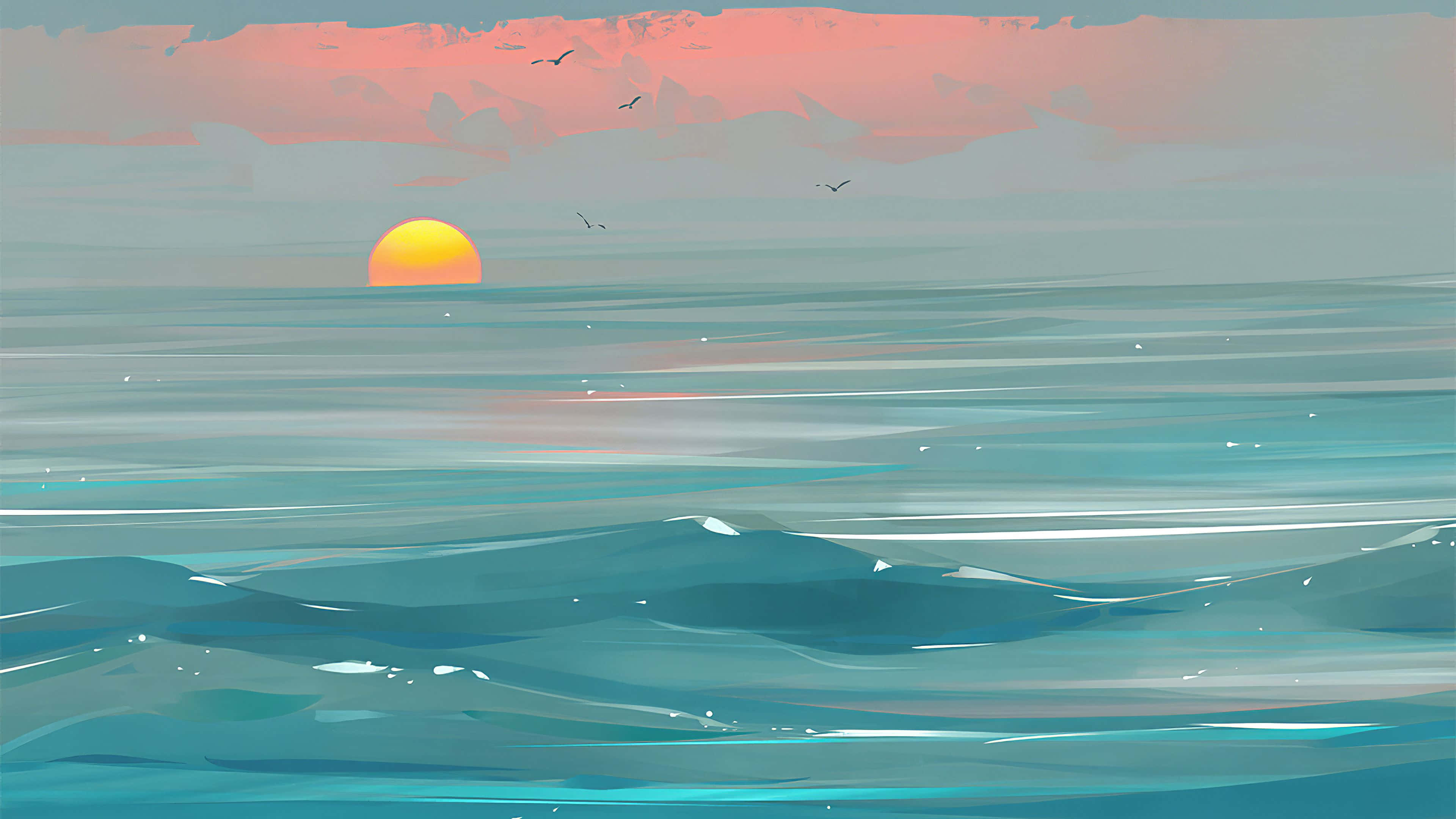 Beach Art, sunset, calm ocean waves, 4K Desktop Wallpaper