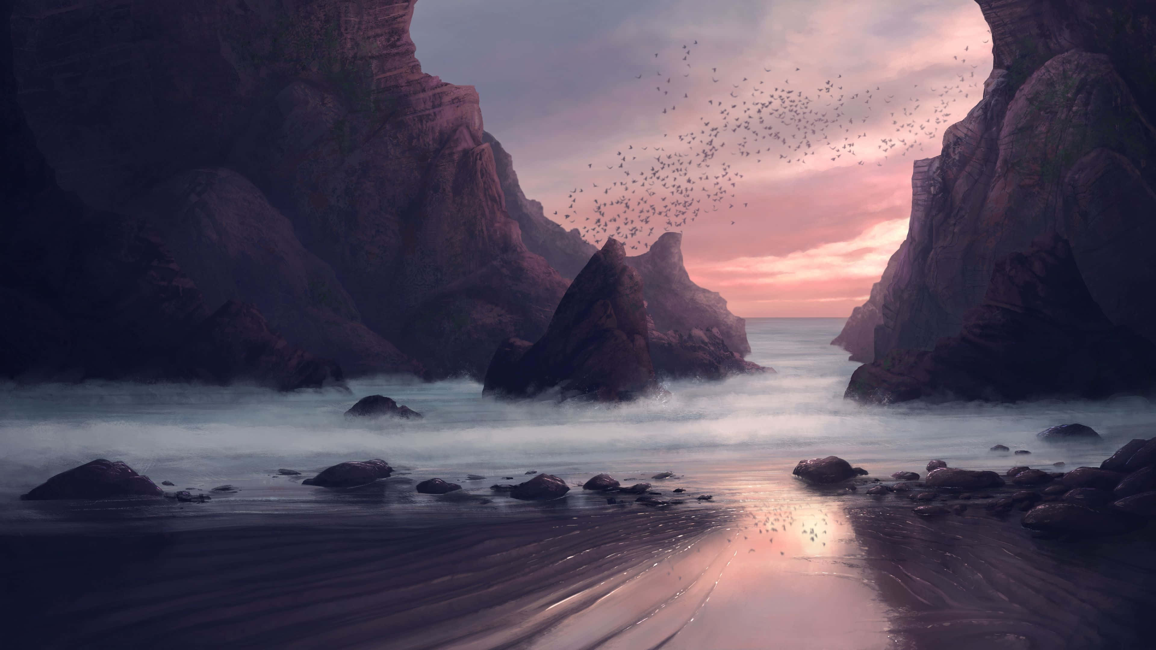 extraordinary sunset, pink and purple skies, calm waters, 4K Desktop Wallpaper