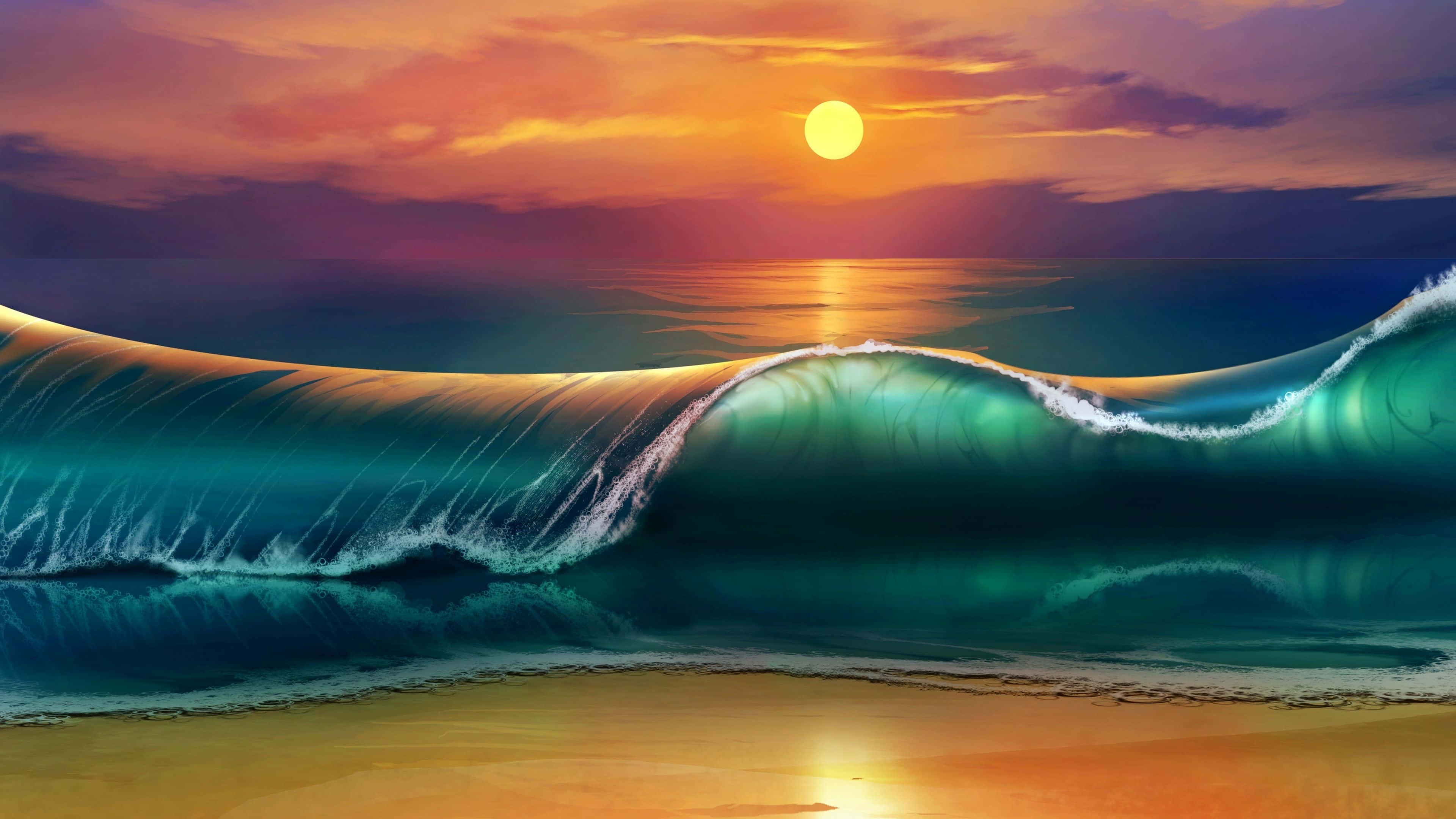 turquoise wave, fiery sunset, golden light, 4K Desktop Wallpaper