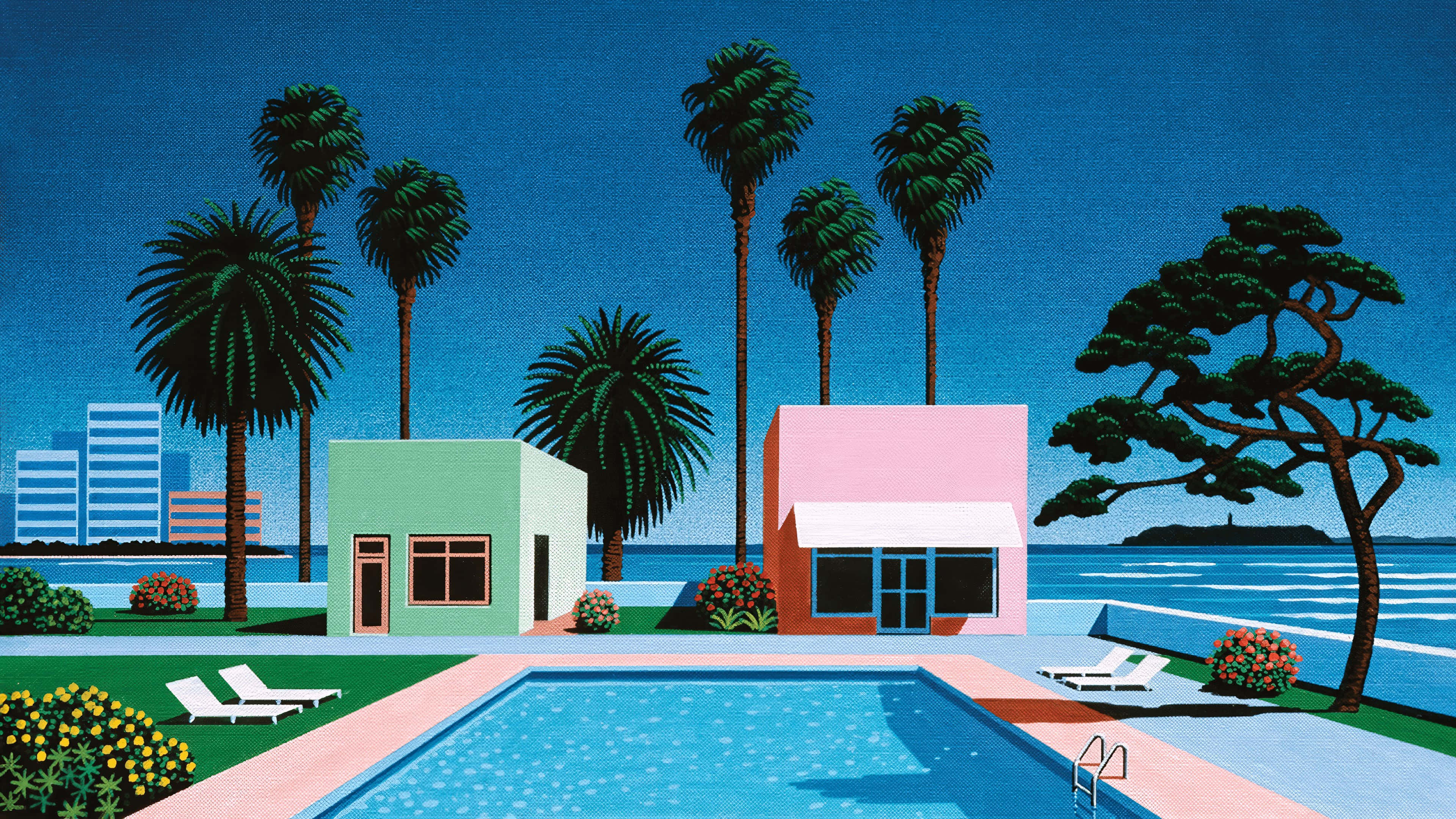 tropical poolside retro artwork, pastel houses, palm trees, 4K Desktop Wallpaper